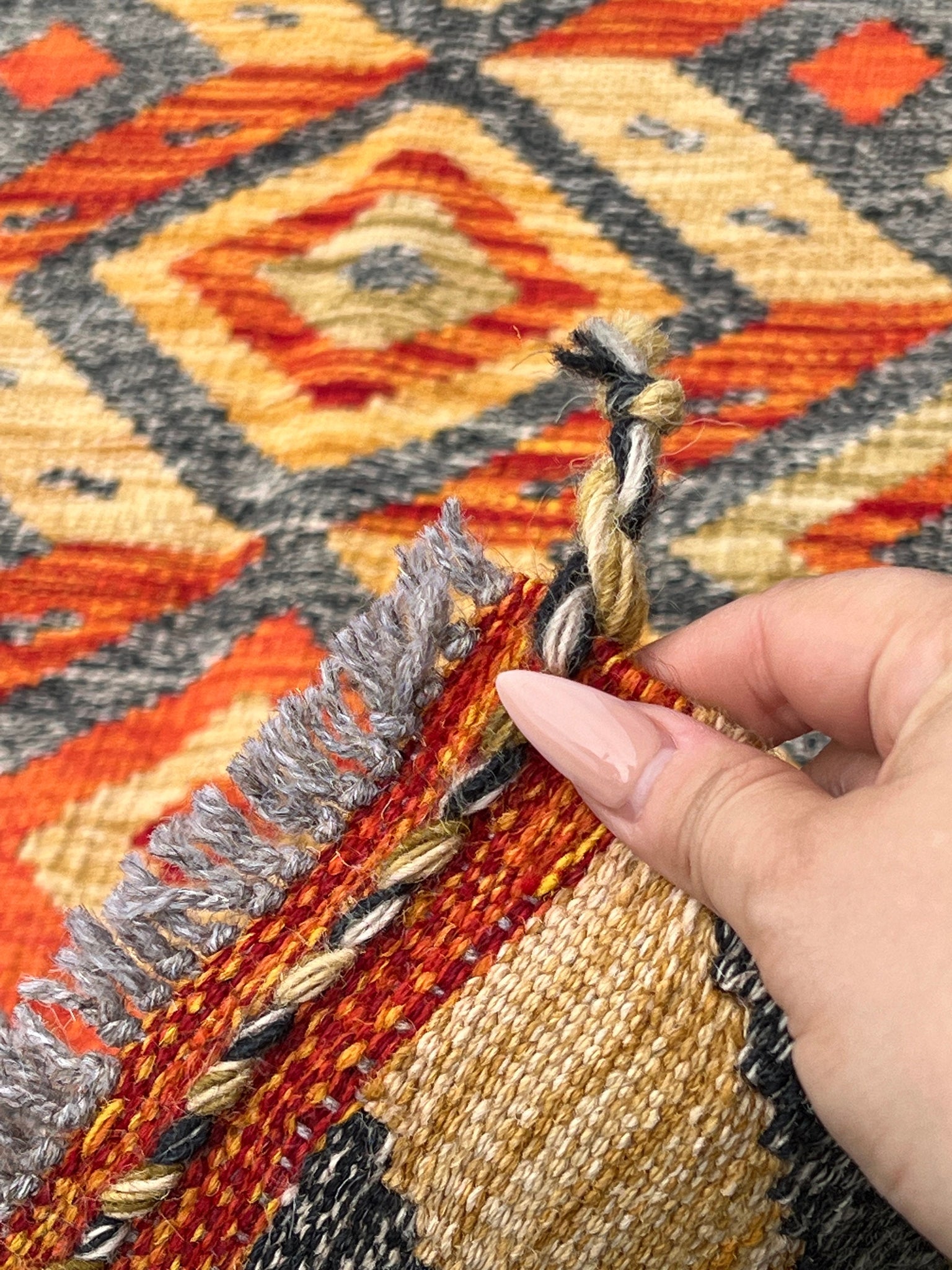 3x4 Handmade Afghan Kilim Rug | Grey Blood Orange Saffron Yellow | Hand Knotted Wool Flatweave Flat Woven Striped Tribal Outdoor Patio