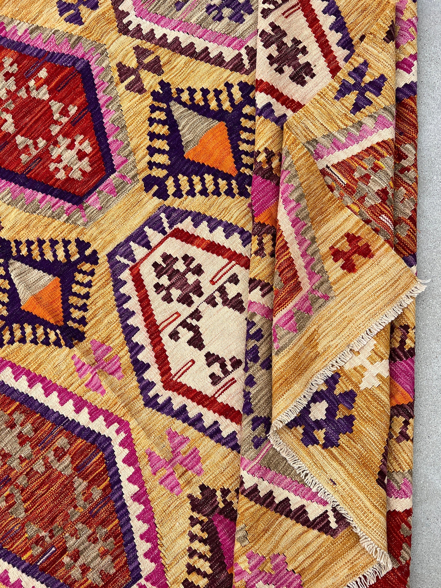 7x10 Handmade Afghan Kilim Rug | Golden Yellow Saffron Orange Pink Indigo Purple Tan Brown Wine Red | Flatweave Wool Persian Outdoor Patio