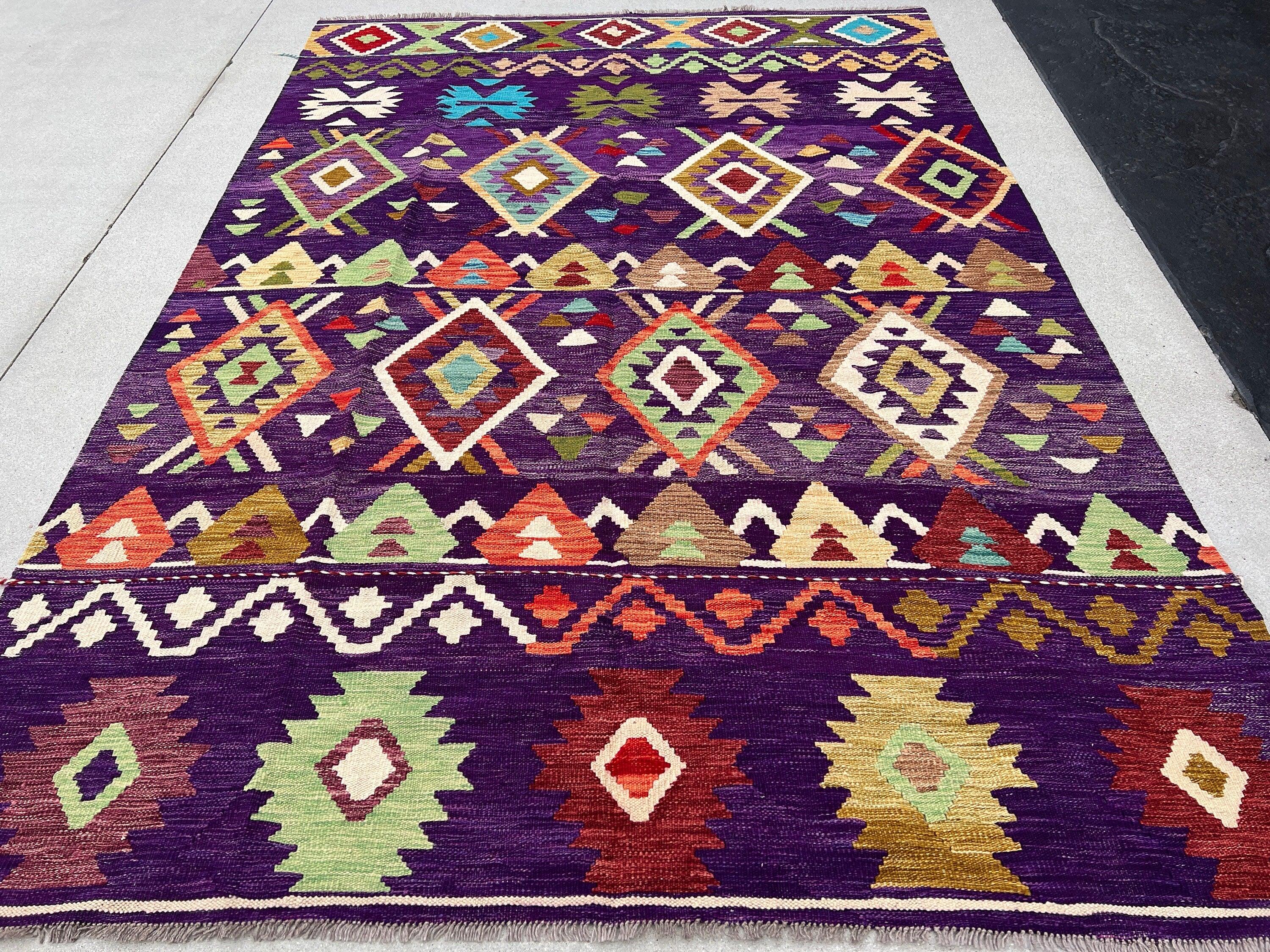 7x10 Handmade Afghan Kilim Rug | Purple Wine Red Mint Green Golden Brown Ivory Coral Orange Red Saffron Yellow | Flatweave Outdoor Patio