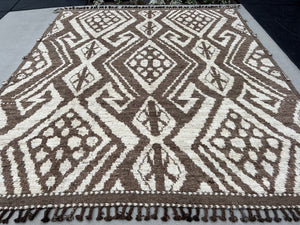 9x10~9x11 Handmade Afghan Moroccan Rug | Neutral Ivory Cream Brown | Berber Beni Plush Turkish Wool Oushak Flokati Ourain Bohemian Persian
