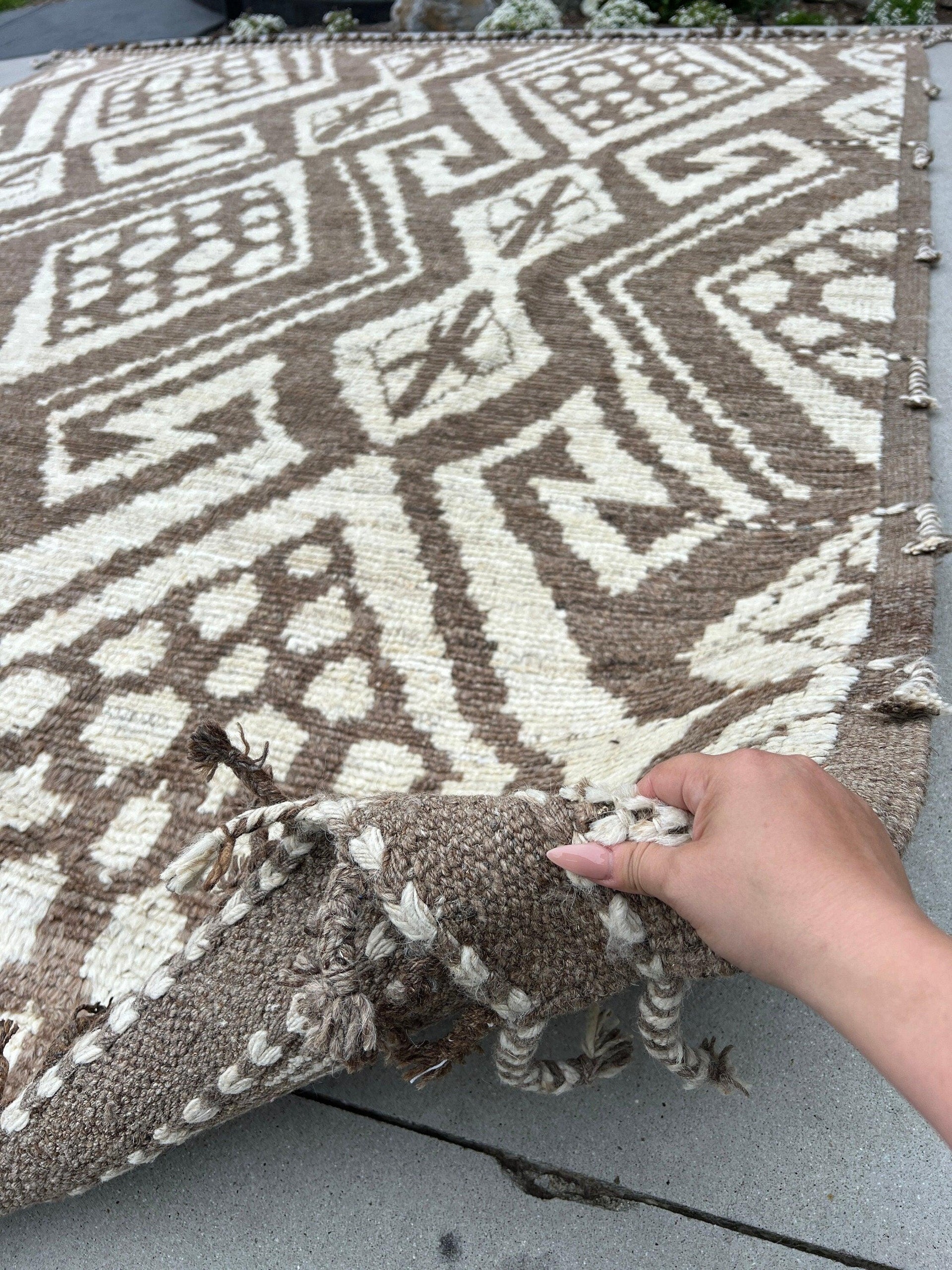 9x10~9x11 Handmade Afghan Moroccan Rug | Neutral Ivory Cream Brown | Berber Beni Plush Turkish Wool Oushak Flokati Ourain Bohemian Persian
