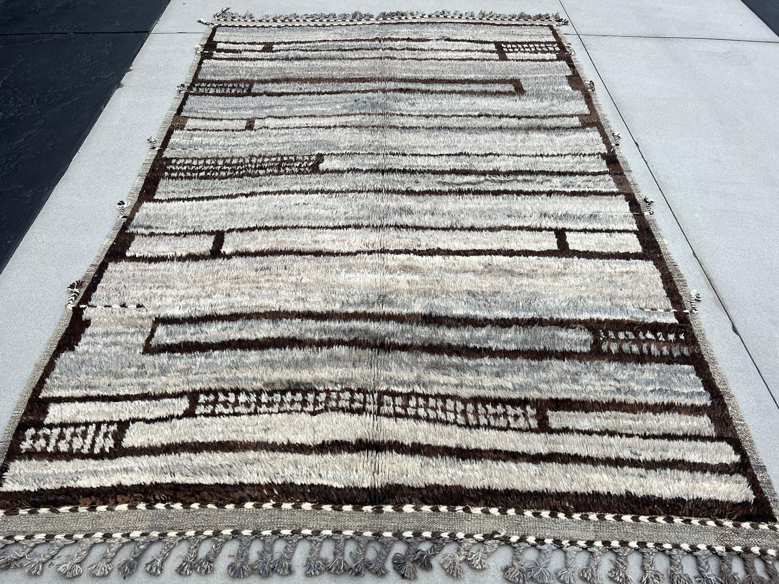 7x10 Handmade Afghan Moroccan Rug | Grey Gray Brown Black Ivory | Berber Beni Plush Mrirt Flokati Hand Knotted Bohemian Persian Turkish Wool