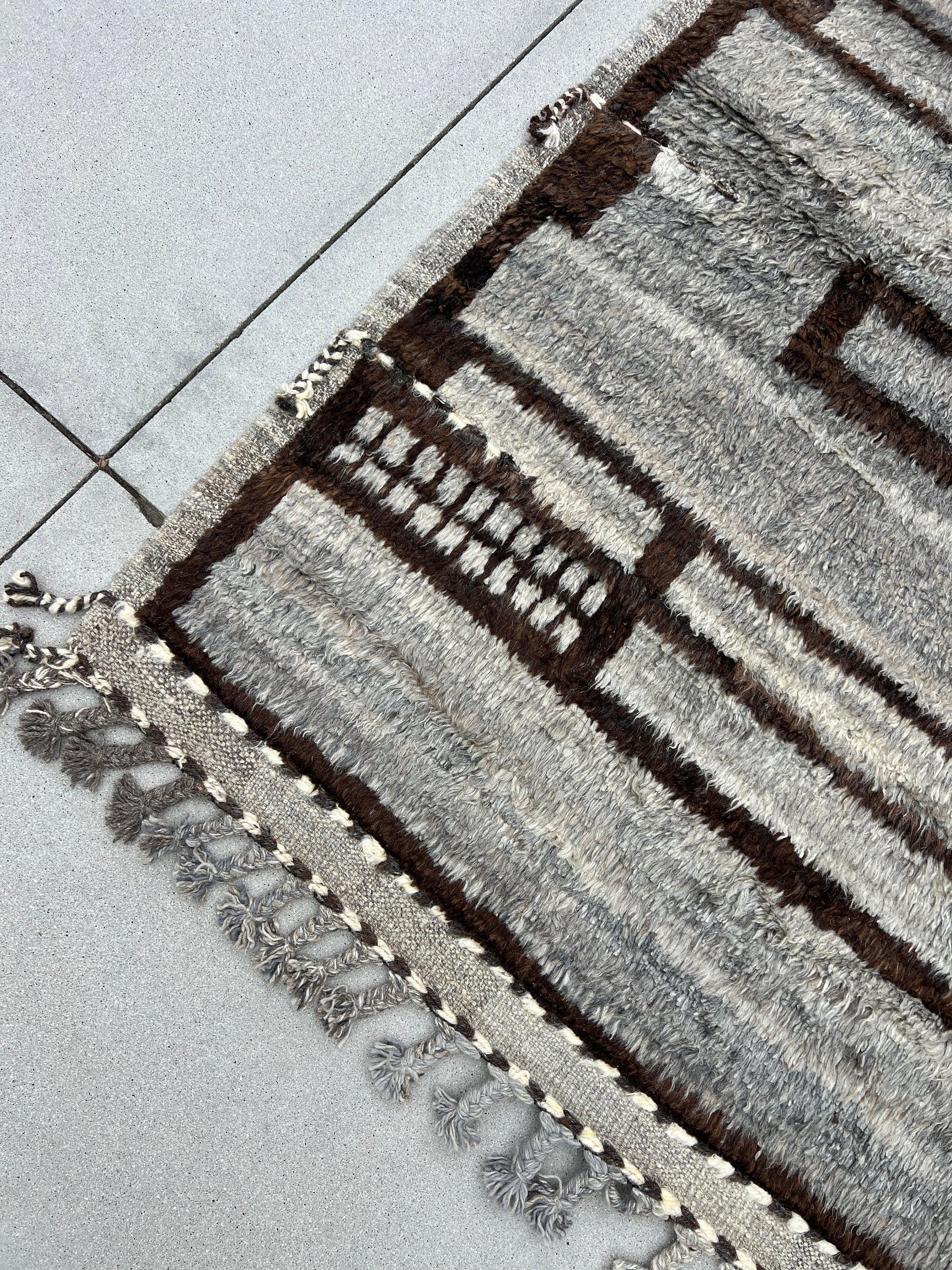 7x10 Handmade Afghan Moroccan Rug | Grey Gray Brown Black Ivory | Berber Beni Plush Mrirt Flokati Hand Knotted Bohemian Persian Turkish Wool