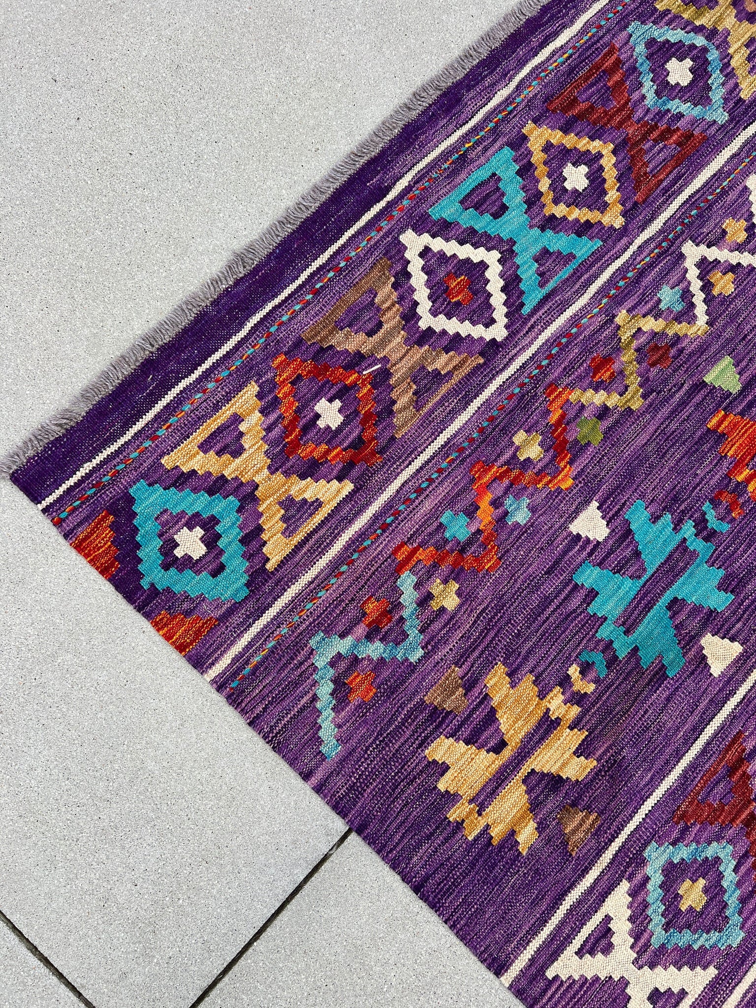 7x10 Handmade Afghan Kilim Rug | Purple Caramel Chocolate Brown Burnt Orange Red Turquoise Blue Ivory Green | Flatweave Wool Outdoor Patio