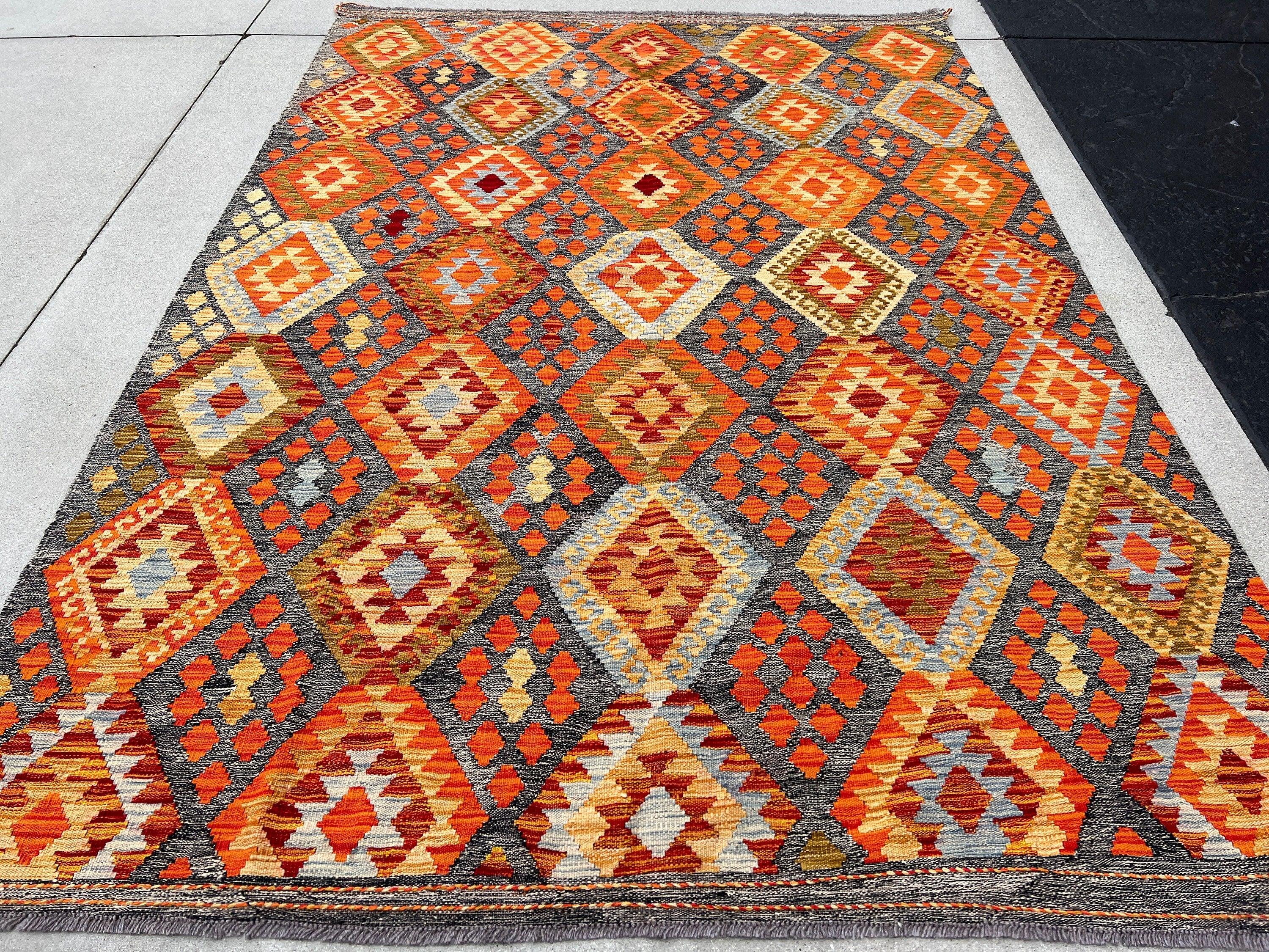 7x10 Handmade Afghan Kilim Rug | Grey Gray Burnt Orange Olive Green Brown Sky Baby Blue | Flatweave Wool Turkish Oushak Outdoor Patio