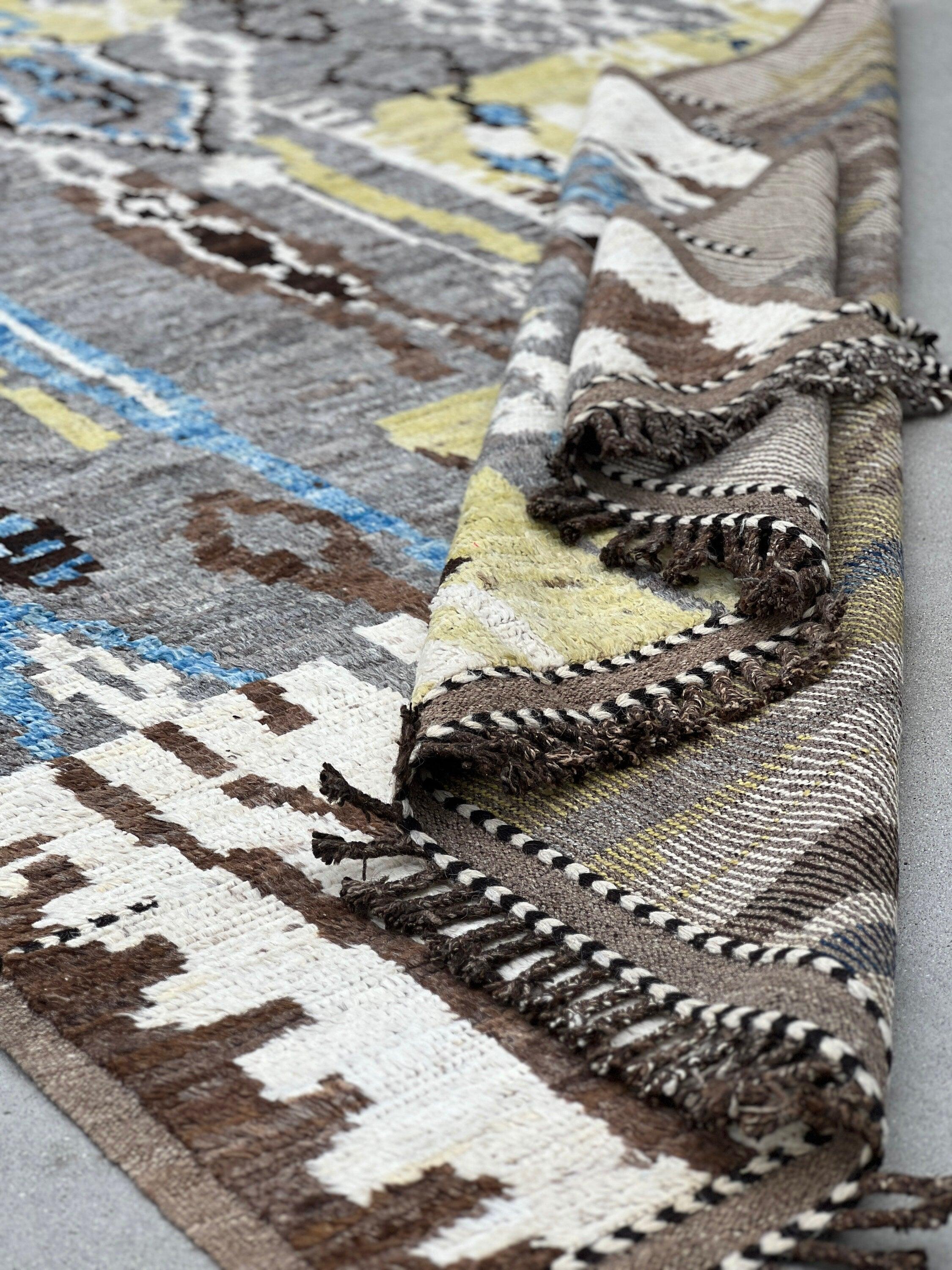 7x10 Handmade Afghan Moroccan Rug | Yellow Ivory Black Brown Blue Grey | Berber Beni Mrirt Boujad Plush Flokati Turkish Wool Oushak Persian