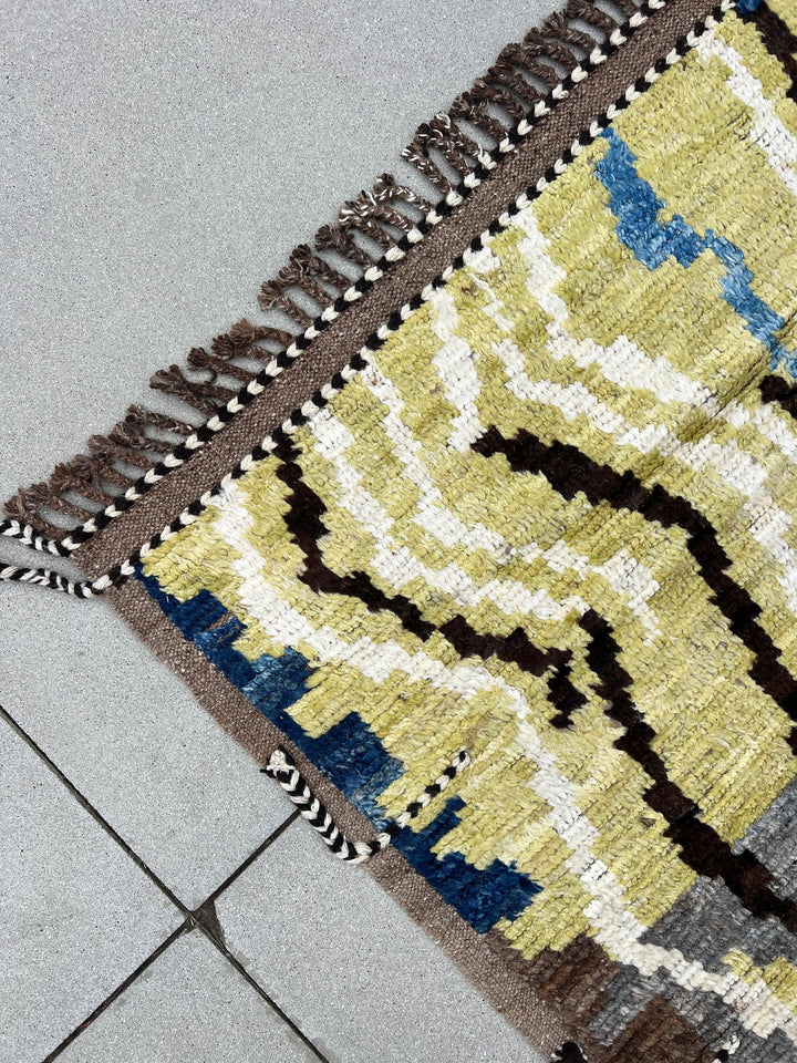 7x10 Handmade Afghan Moroccan Rug | Yellow Ivory Black Brown Blue Grey | Berber Beni Mrirt Boujad Plush Flokati Turkish Wool Oushak Persian