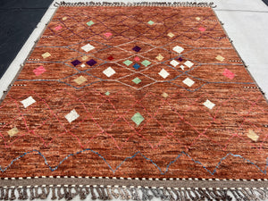 8x10 Handmade Afghan Moroccan Rug | Brown Tan Ivory White Red Purple Blue Mint Green | Berber Beni Mrirt Boujad Bohemian Plush Tufted Wool