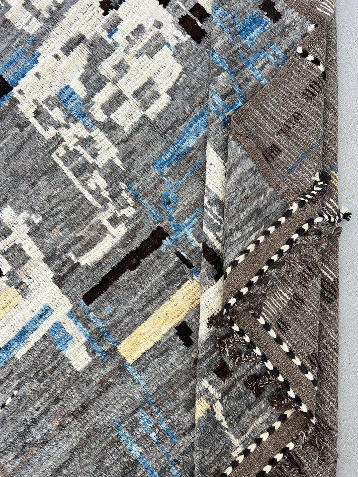 7x11 Handmade Afghan Moroccan Rug | Grey Gray Black Ivory White Yellow Blue | Berber Beni Plush Mrirt Boujad Turkish Wool Oushak Abstract