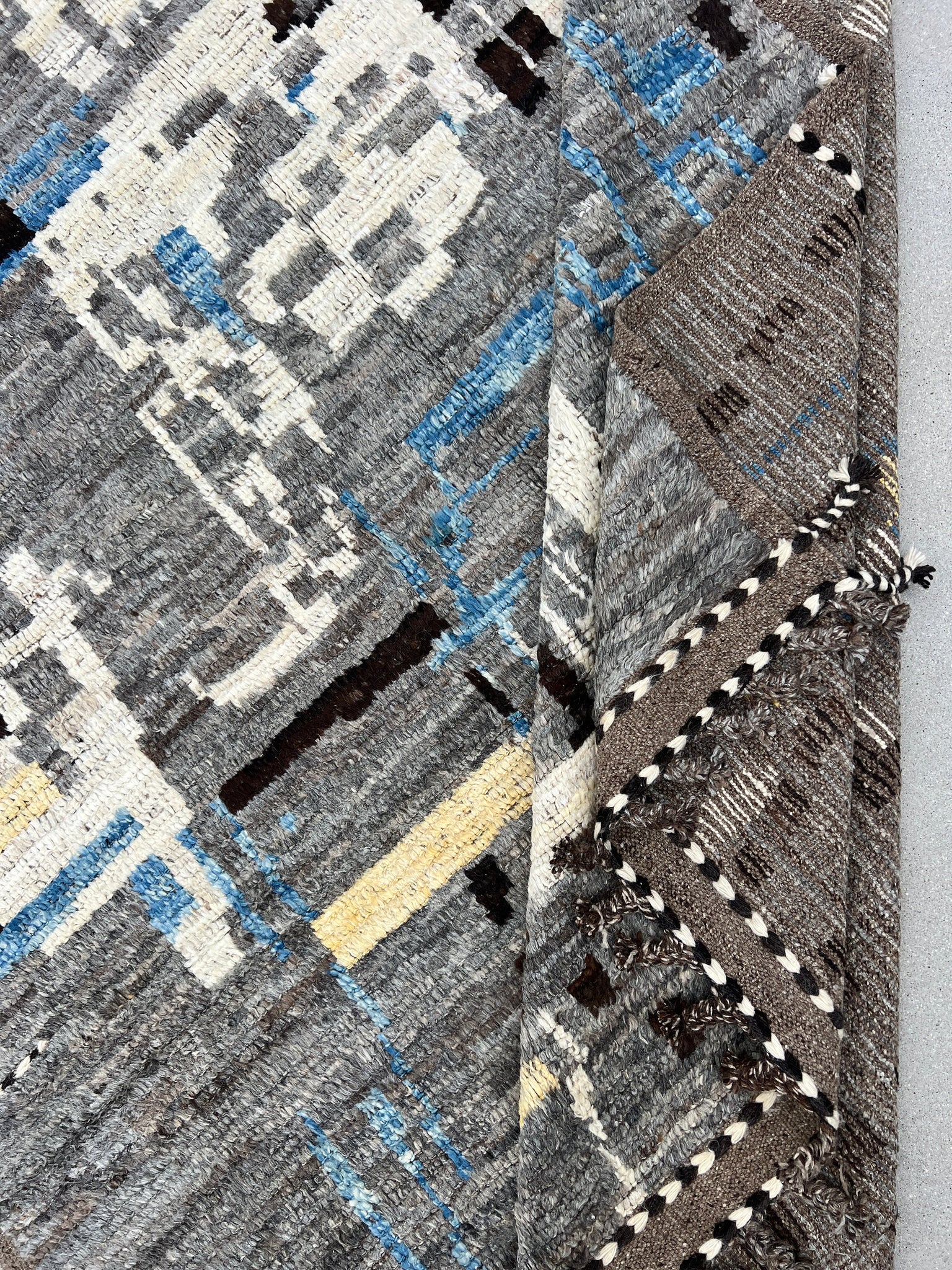 7x11 Handmade Afghan Moroccan Rug | Grey Gray Black Ivory White Yellow Blue | Berber Beni Plush Mrirt Boujad Turkish Wool Oushak Abstract