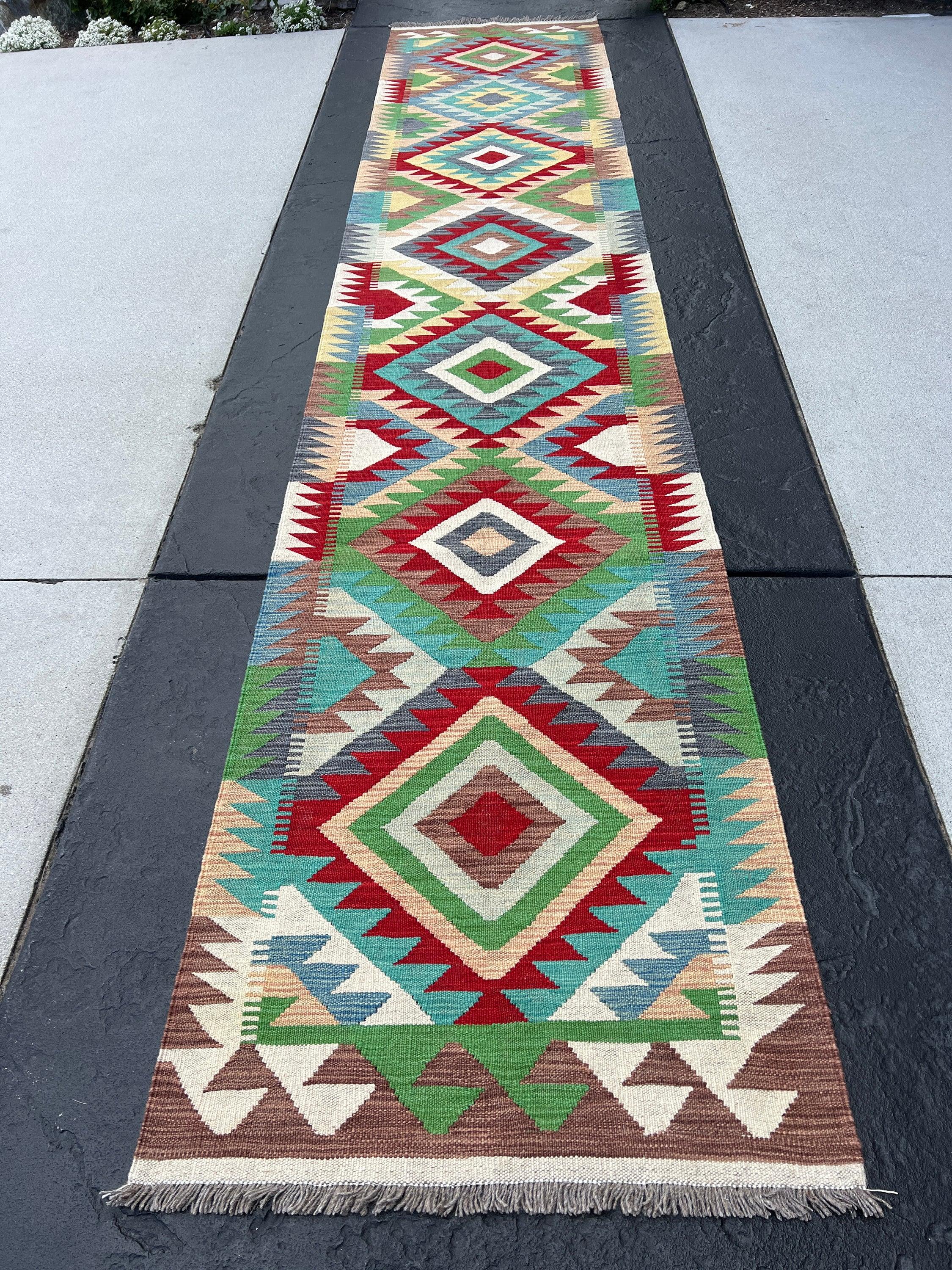 3x13 Handmade Afghan Kilim Runner Rug | Mocha Brown Ivory Red White Green Blue Turquoise Tan | Flatweave Flat Woven Wool Persian Outdoor