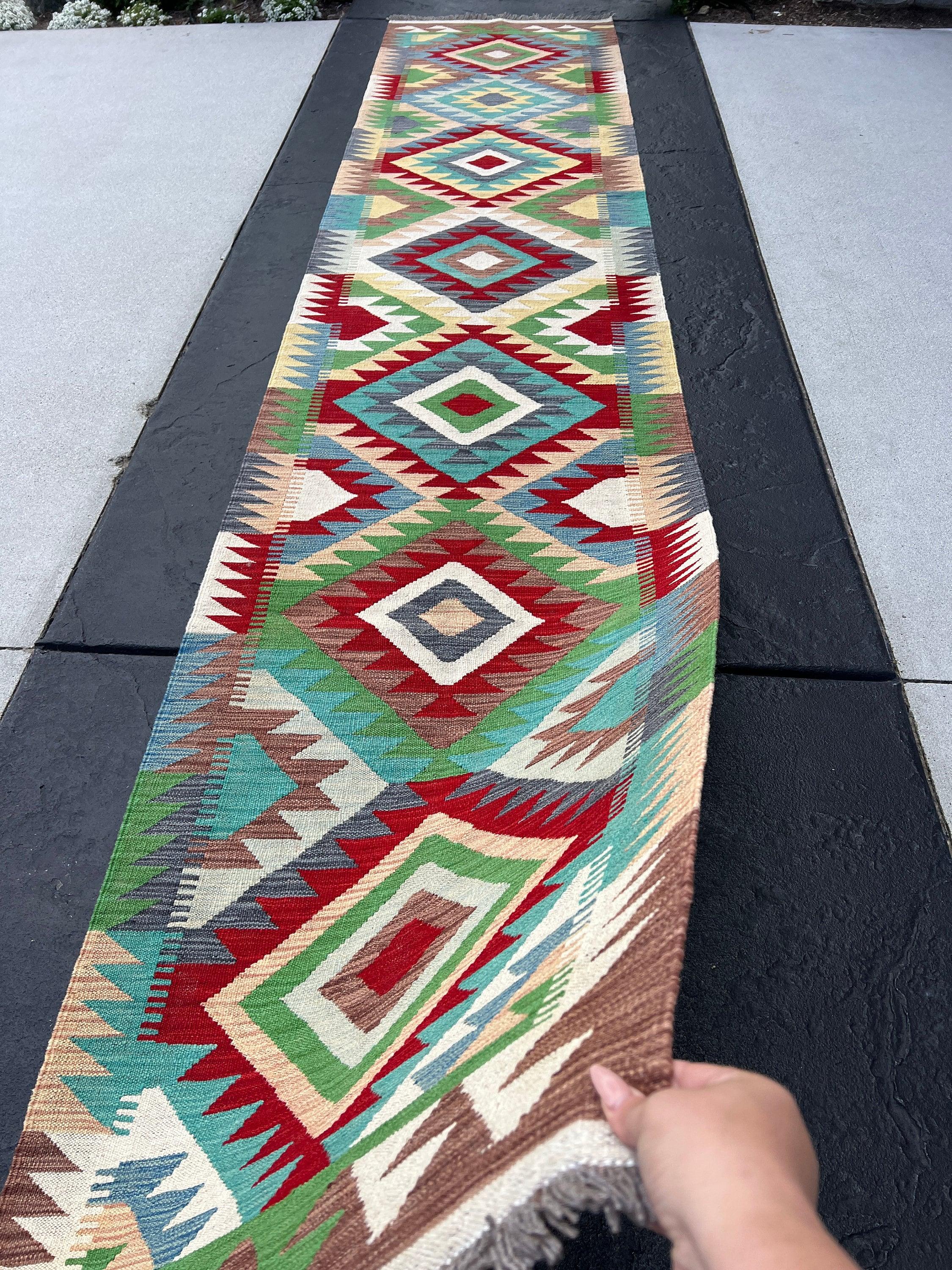 3x13 Handmade Afghan Kilim Runner Rug | Mocha Brown Ivory Red White Green Blue Turquoise Tan | Flatweave Flat Woven Wool Persian Outdoor