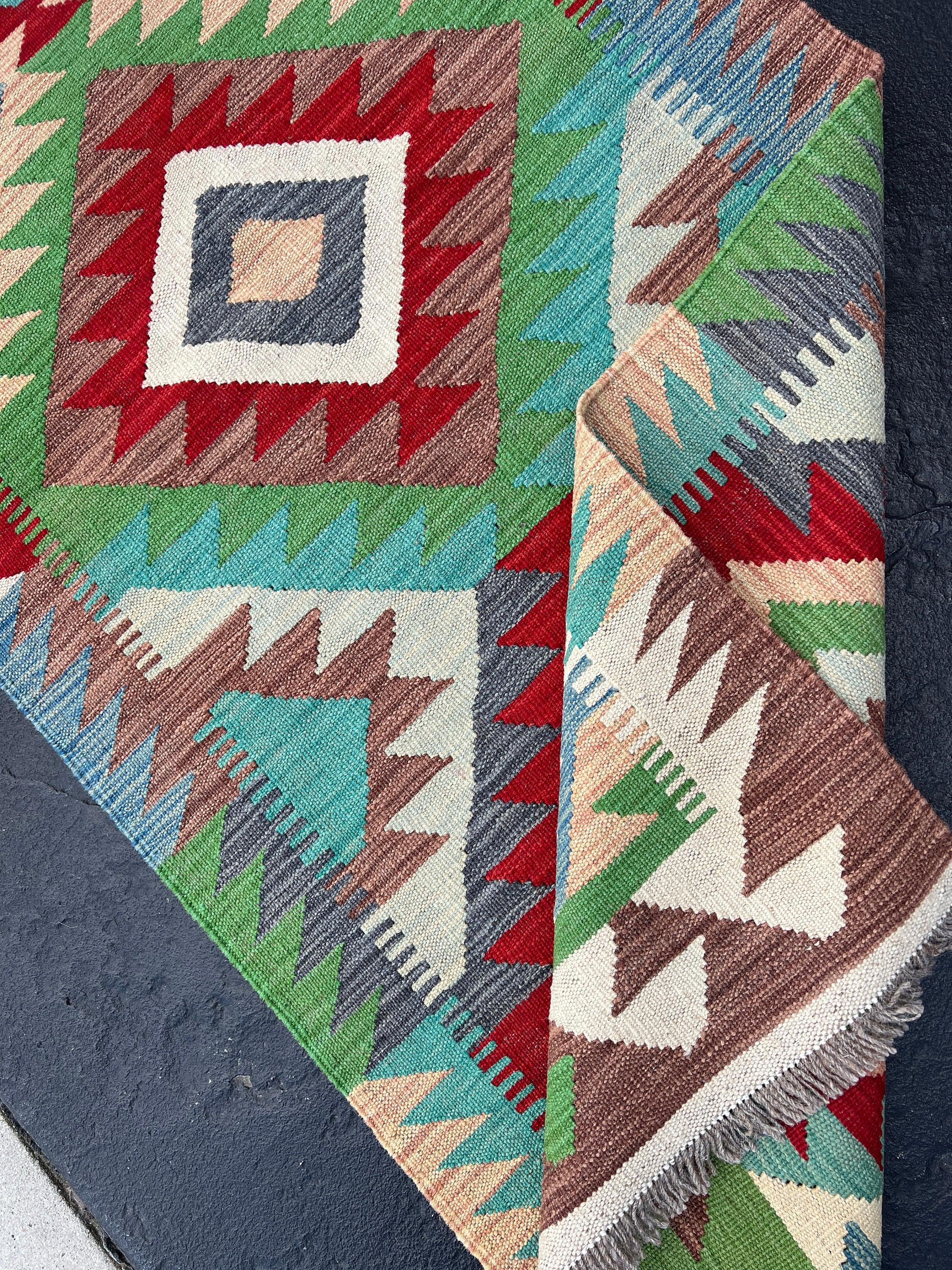 3x13 Handmade Afghan Kilim Runner Rug | Mocha Brown Ivory Red White Green Blue Turquoise Tan | Flatweave Flat Woven Wool Persian Outdoor