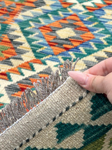 3x7 (60x200) Handmade Afghan Kilim Runner Rug | Cream Beige Burnt Orange Teal Blue Forest Green Yellow | Flatweave Flat Woven Persian Wool