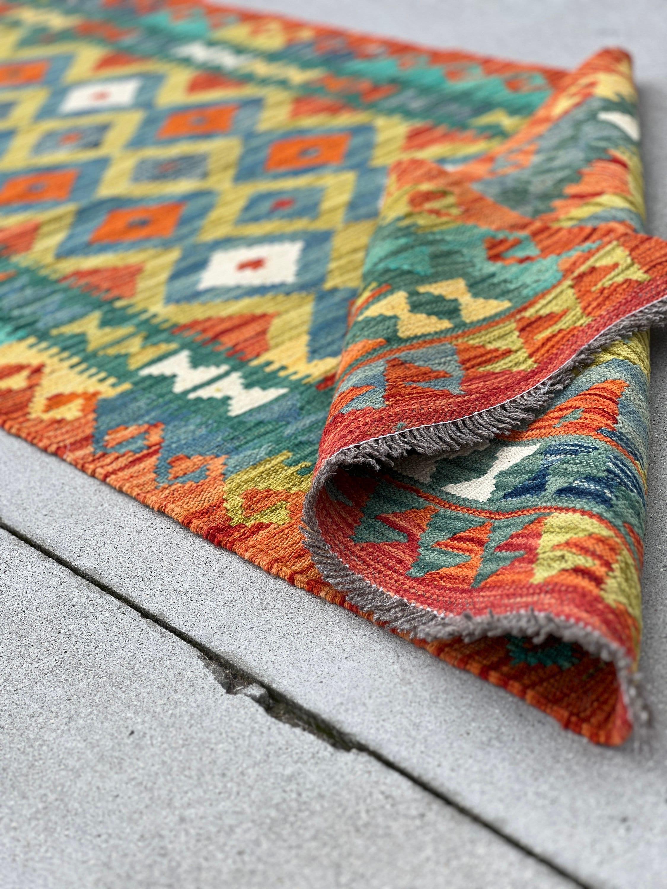 3x7 Handmade Afghan Kilim Runner Rug | Burnt Orange Blue Teal Mustard Yellow Pine Olive Green White | Flatweave Wool Tribal Outdoor