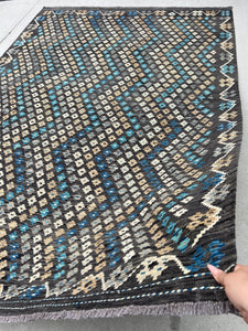 7x10 Handmade Afghan Kilim Rug | Charcoal Black Grey Gray Tan Mocha Brown Denim Blue Cream Beige | Flatweave Wool Oushak Outdoor Patio