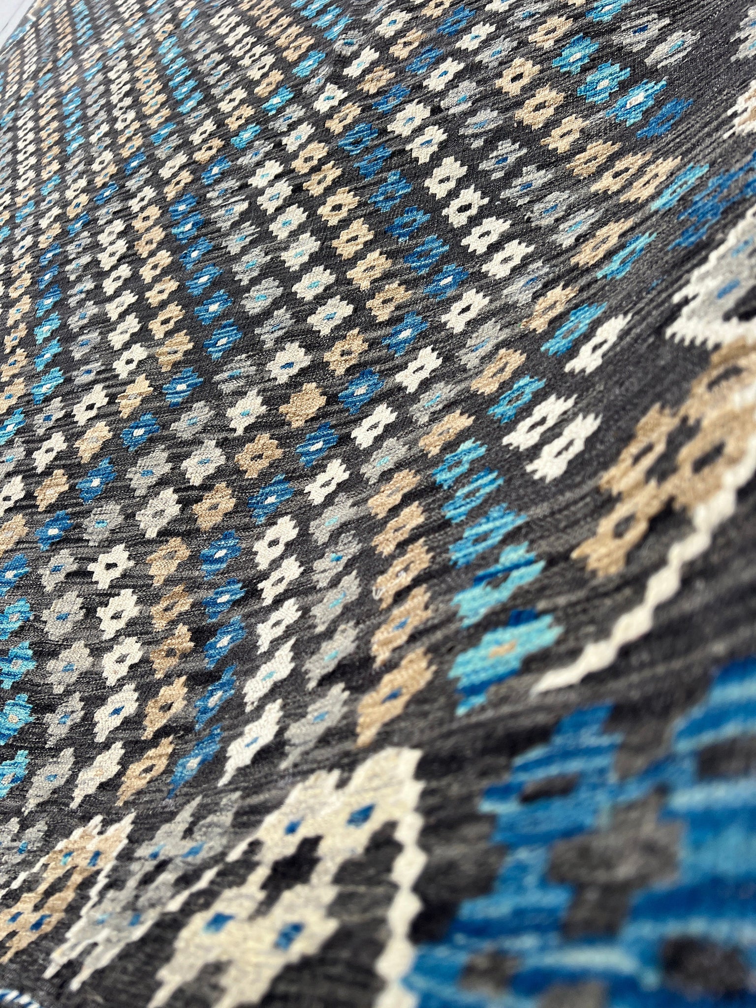 7x10 Handmade Afghan Kilim Rug | Charcoal Black Grey Tan Brown Blue | Flatweave Flat Woven Wool Persian Turkish Oushak Outdoor Patio