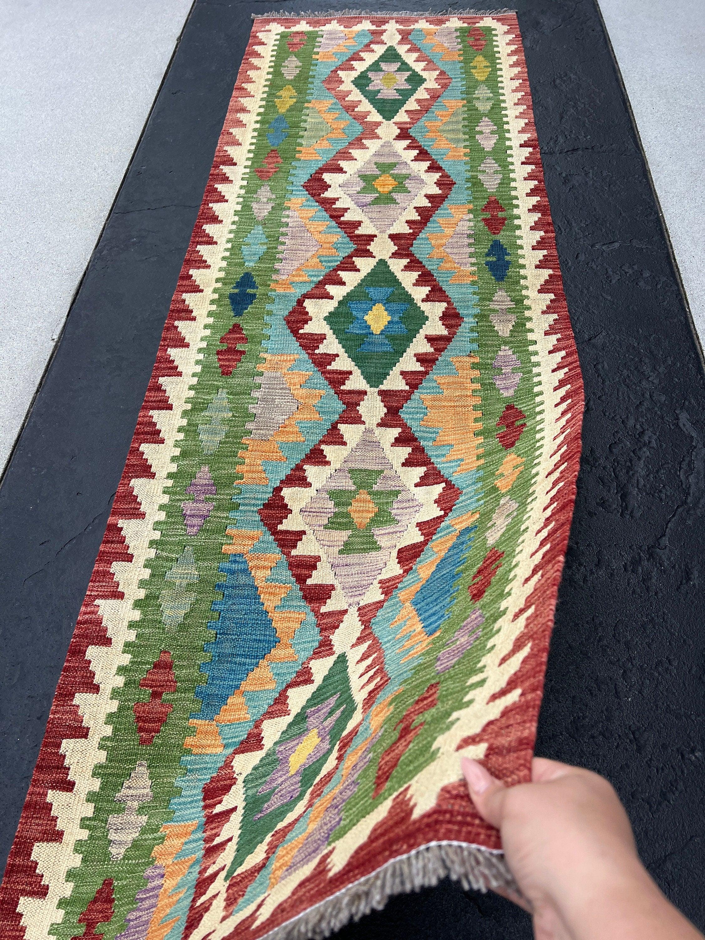 3x8 Handmade Afghan Kilim Runner Rug | Red Cream Beige Purple Turquoise Pine Green Mustard Yellow| Flatweave Flat Woven Persian Wool Outdoor