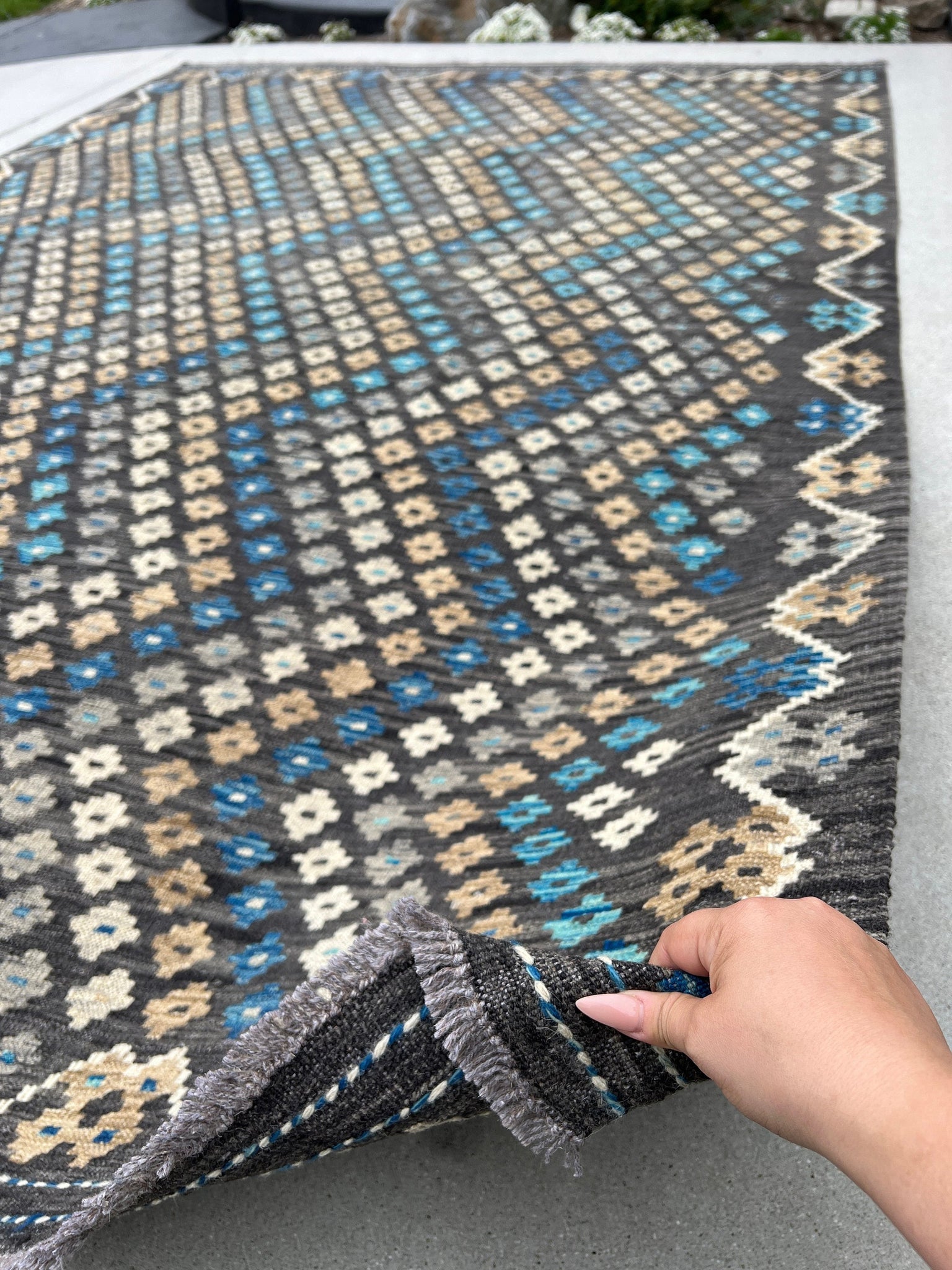 7x10 Handmade Afghan Kilim Rug | Charcoal Black Grey Tan Brown Blue | Flatweave Flat Woven Wool Persian Turkish Oushak Outdoor Patio