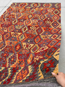 7x10 Handmade Afghan Kilim Rug | Grey Gray Coral Burnt Orange Wine Blood Red PlumMauve Purple | Flatweave Boho Bohemian Oushak Wool Turkish