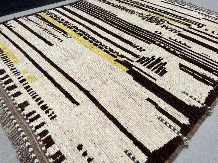 9x11 Handmade Afghan Moroccan Rug | Ivory Cream Yellow Beige Dark Chocolate Brown | Berber Beni Plush Turkish Wool Oushak Flokati Abstract