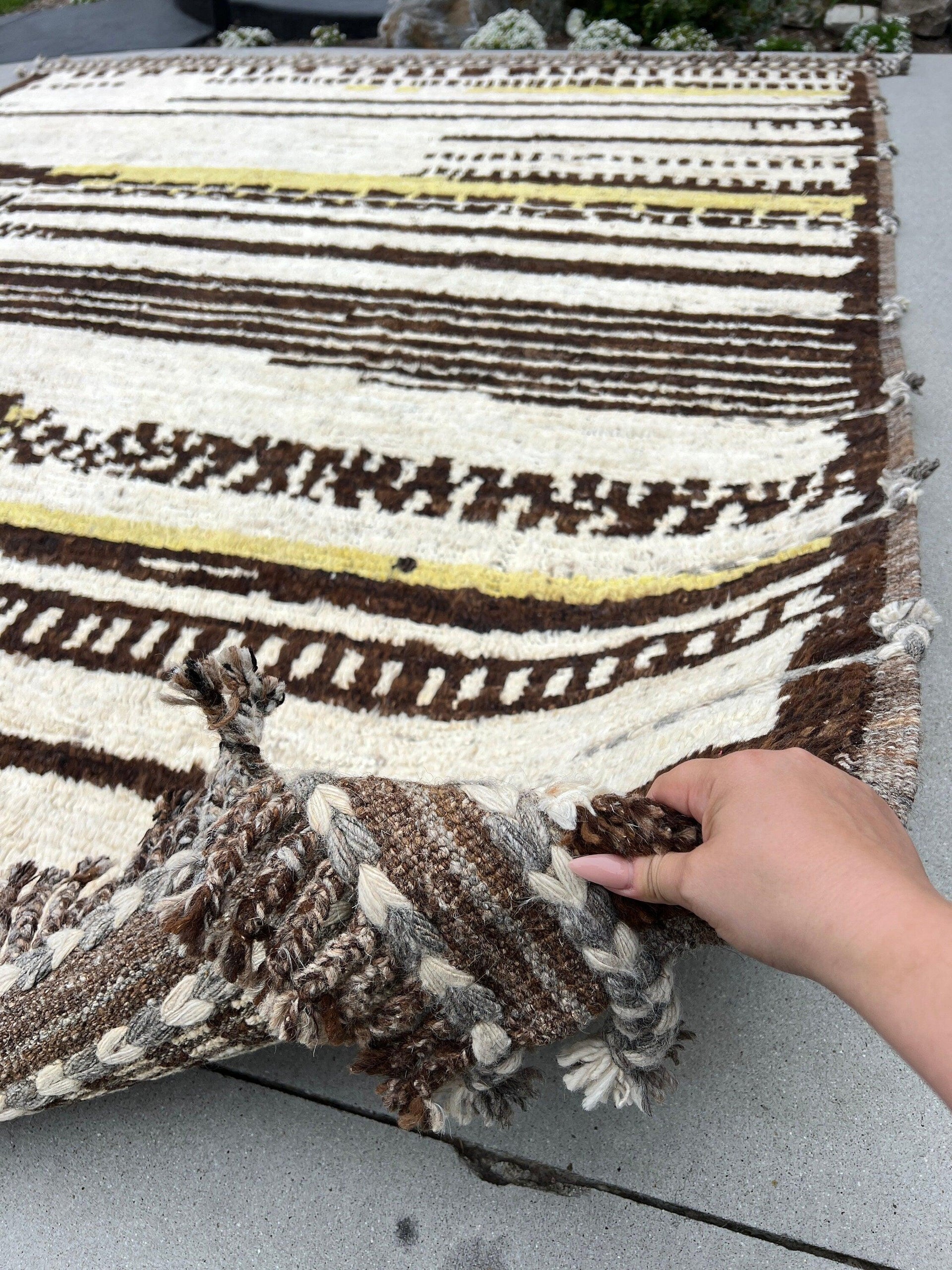 9x11 Handmade Afghan Moroccan Rug | Ivory Cream Yellow Beige Dark Chocolate Brown | Berber Beni Plush Turkish Wool Oushak Flokati Abstract