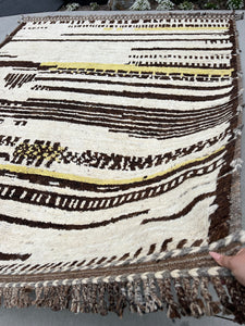 9x11 Handmade Afghan Moroccan Rug | Ivory Cream Yellow Beige Dark Chocolate Brown | Berber Beni Plush Turkish Wool Oushak Flokati Abstract