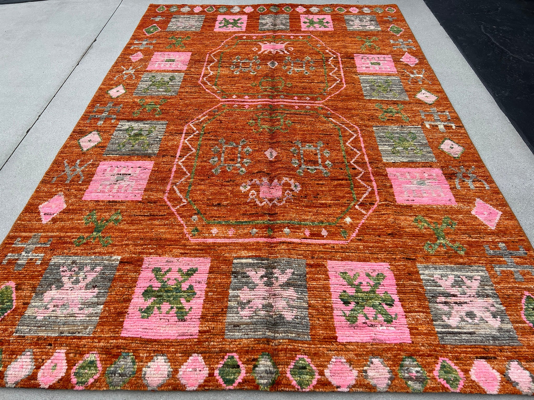 7x10 Handmade Afghan Moroccan Rug | Burnt Orange Pink Grey Green | Berber Beni Plush Wool Flokati Mrirt Boujad Ourain Bohemian Woolen Boho