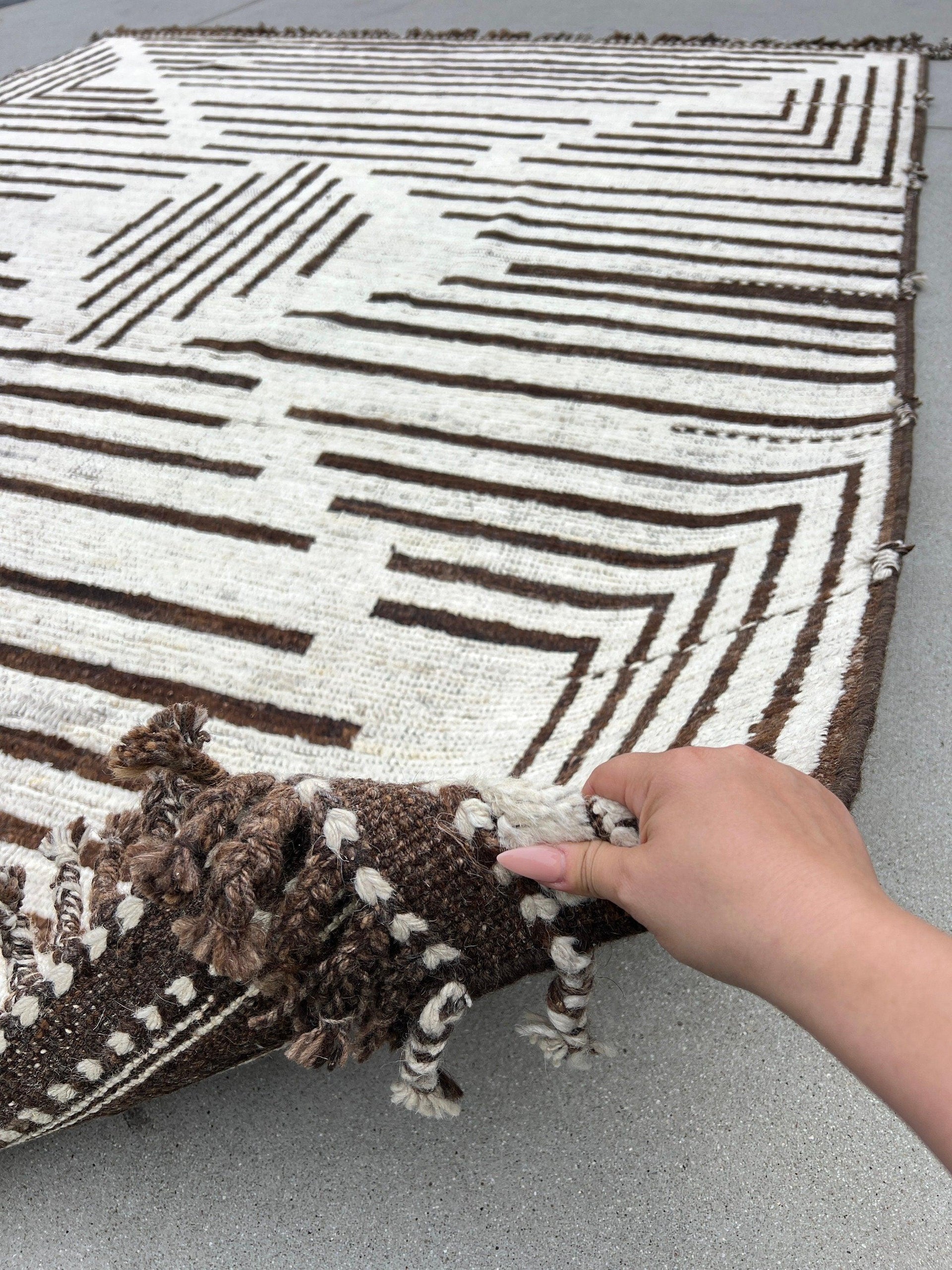 8x10 - 8x11 Handmade Afghan Moroccan Rug | Neutral Ivory Cream Dark Chocolate Brown | Berber Beni Flokati Wool Bohemian Persian Oushak Plush