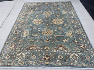 6x8 Handmade Afghan Rug | Teal Denim Blue Green Brown Beige Tan Brown | Geometric Hand Knotted Persian Oushak Wool Bohemian Boho Turkish