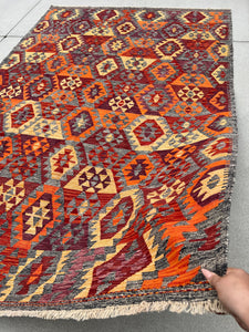7x10 Handmade Afghan Kilim Rug | Grey Blood Orange Crimson Grape Wine Red Saffron| Flatweave Wool Persian Turkish Oushak Outdoor Patio