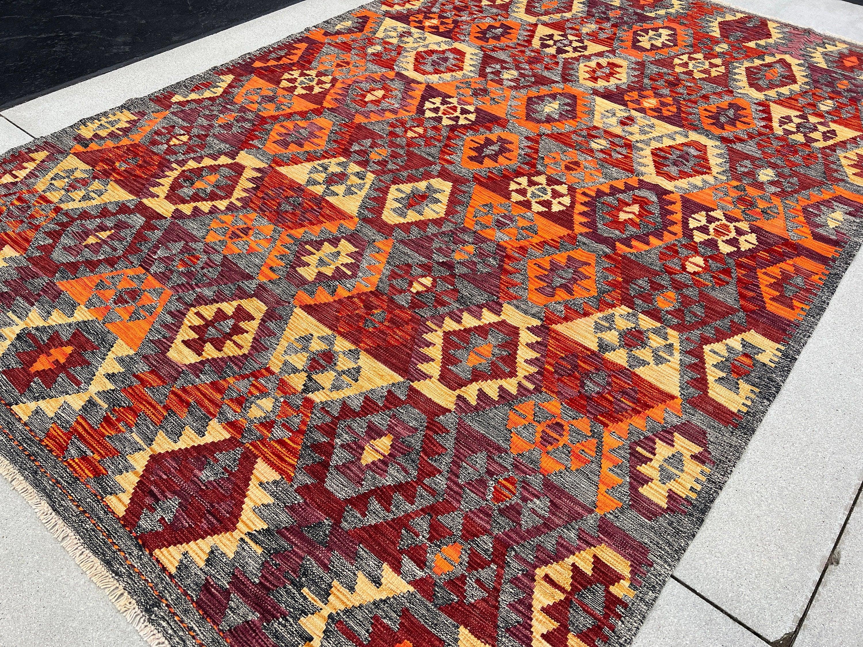 7x10 Handmade Afghan Kilim Rug | Grey Blood Orange Crimson Grape Wine Red Saffron| Flatweave Wool Persian Turkish Oushak Outdoor Patio