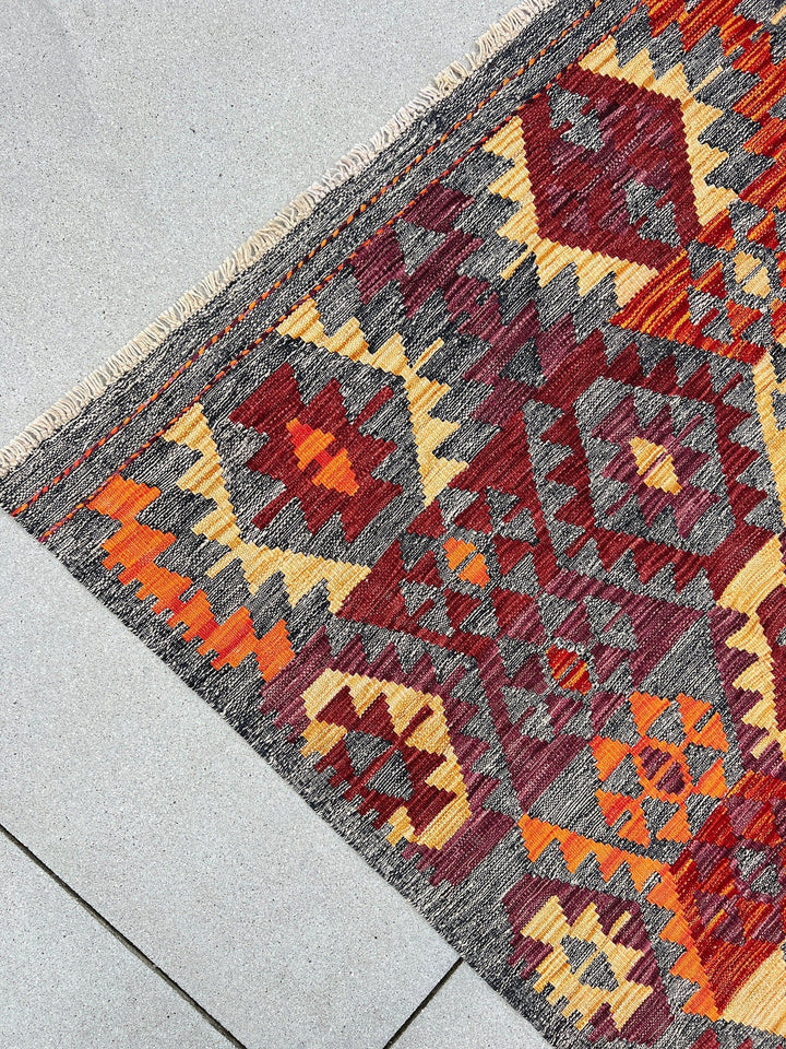 7x10 Handmade Afghan Kilim Rug | Grey Blood Orange Crimson Grape Wine Red Saffron| Flatweave Wool Persian Turkish Oushak Outdoor Patio