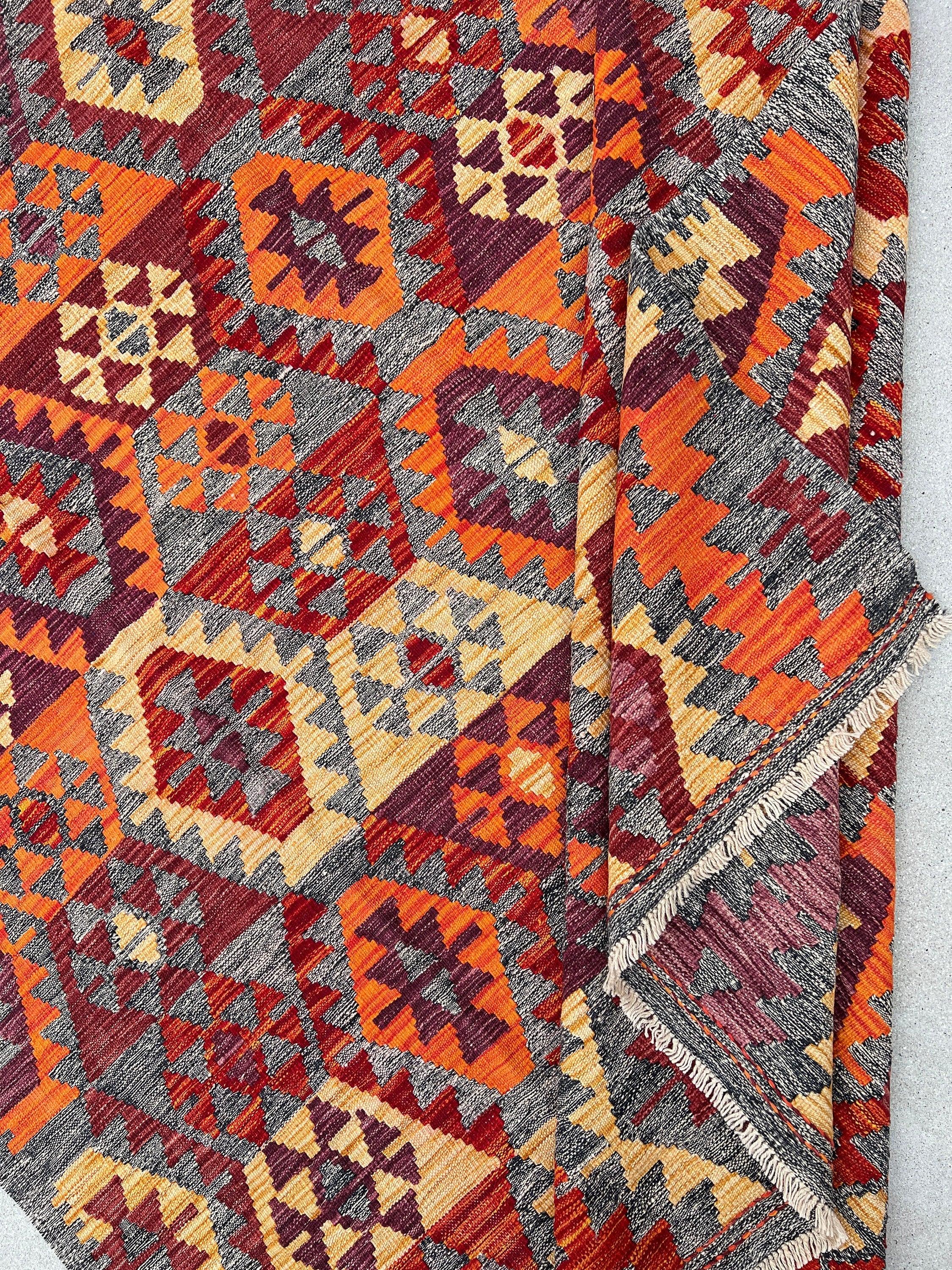 7x10 Handmade Afghan Kilim Rug | Grey Blood Orange Crimson Grape Wine Red Saffron| Flatweave Wool Persian Turkish Oushak Outdoor Patio