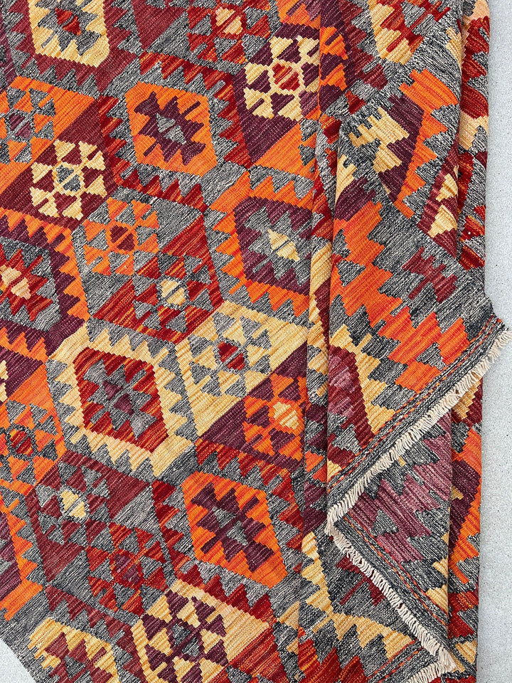 7x10 Handmade Afghan Kilim Rug | Grey Blood Orange Crimson Grape Wine Red Saffron| Flatweave Wool Persian Turkish Oushak Outdoor Patio