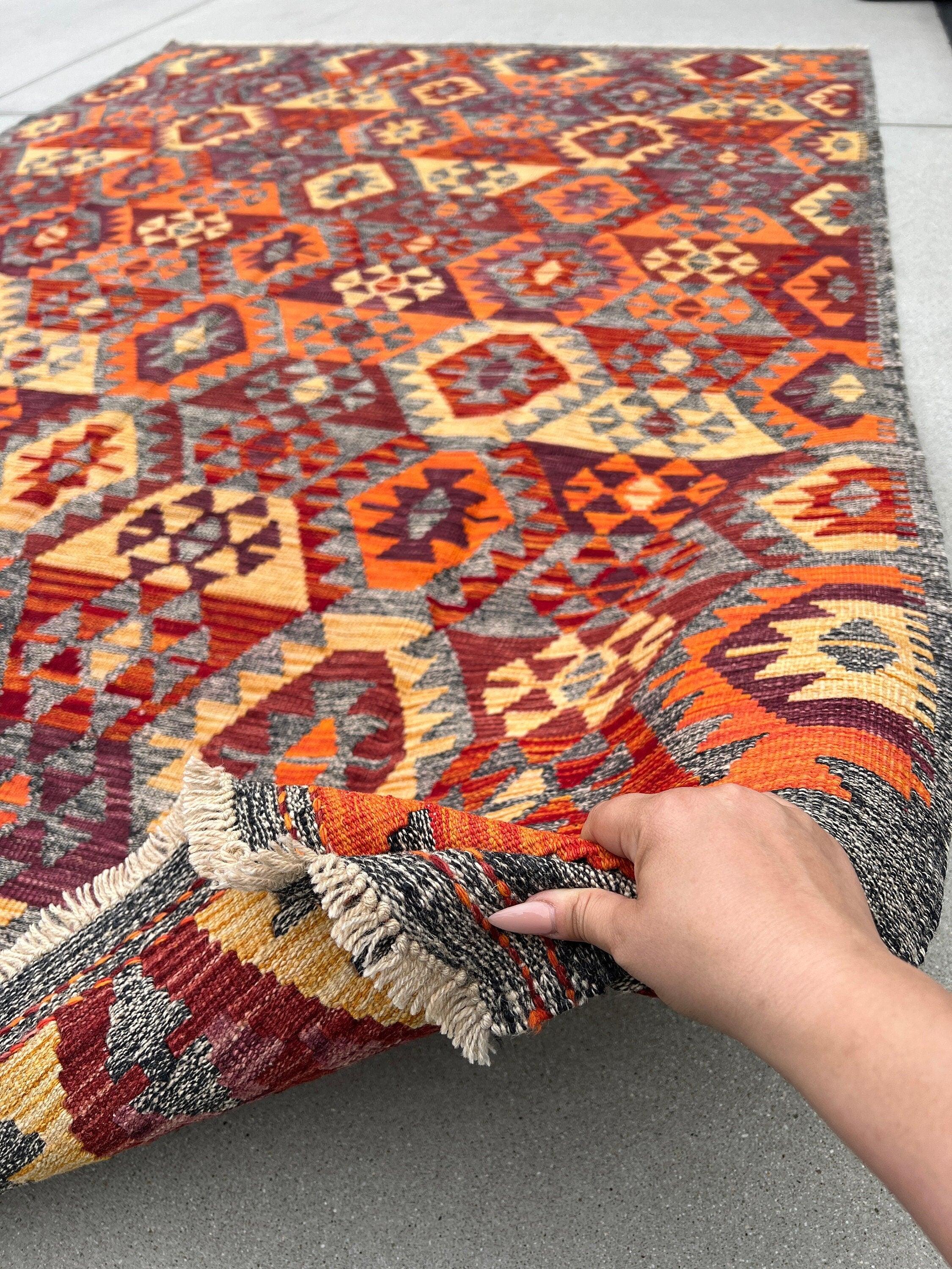 7x10 Handmade Afghan Kilim Rug | Grey Blood Orange Crimson Grape Wine Red Saffron| Flatweave Wool Persian Turkish Oushak Outdoor Patio