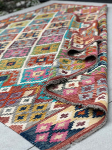 7x10 Handmade Afghan Kilim Rug | Red Pink Turquoise Teal Purple Grey Beige Golden Yellow Blue Green Burnt Orange | Flatweave Wool Outdoor