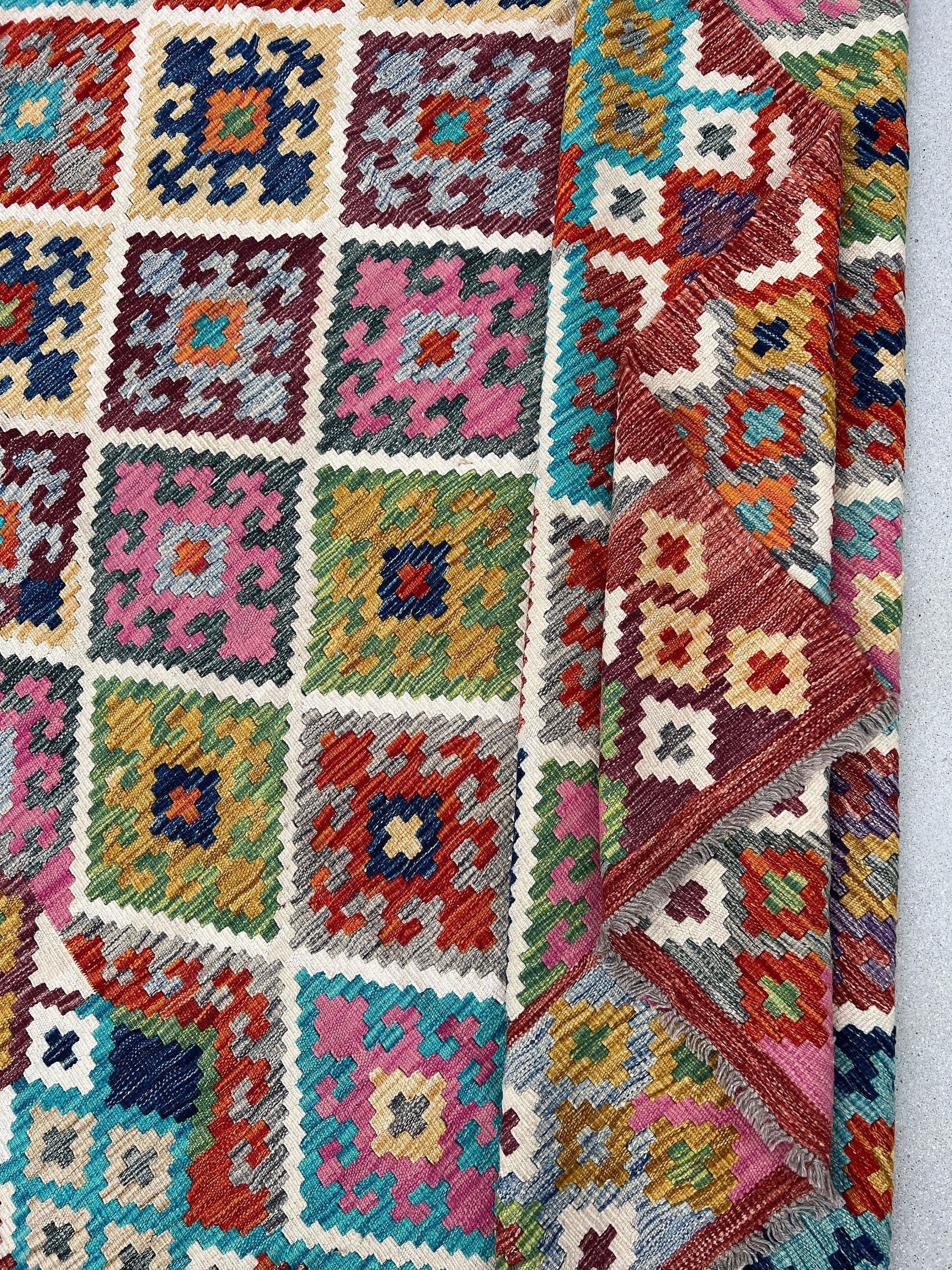 7x10 Handmade Afghan Kilim Rug | Red Pink Turquoise Teal Purple Grey Beige Golden Yellow Blue Green Burnt Orange | Flatweave Wool Outdoor