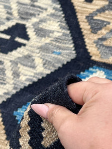 6x8 Handmade Afghan Kilim Rug | Charcoal Black Ivory Cream Beige Light Gray Grey Denim Blue | Flatweave Bohemian Wool Outdoor Patio