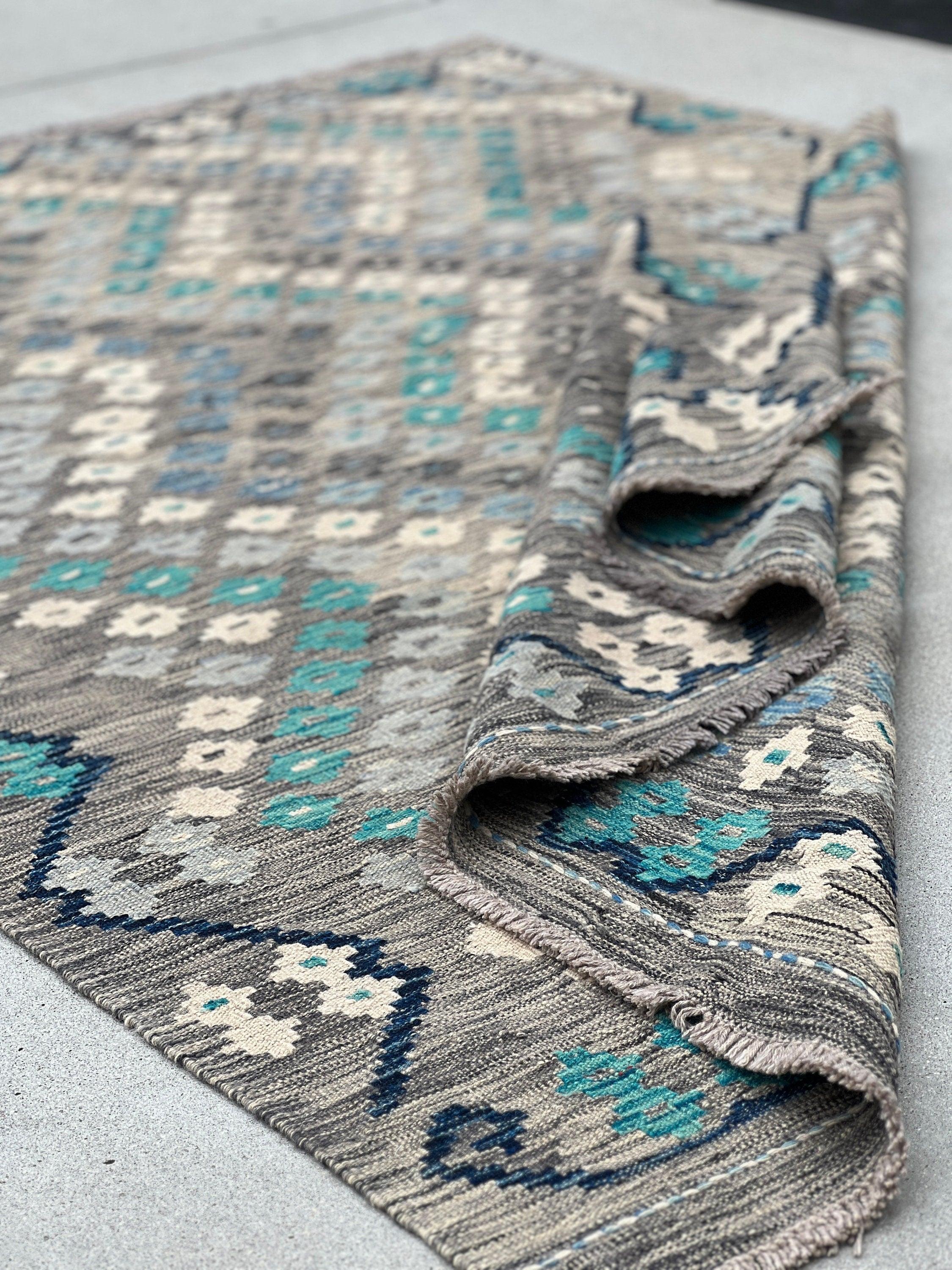 6x8 Handmade Afghan Kilim Rug | Grey Gray Midnight Navy Blue Turquoise Ivory White | Flatweave Bohemian Wool Oushak Turkish Outdoor Patio