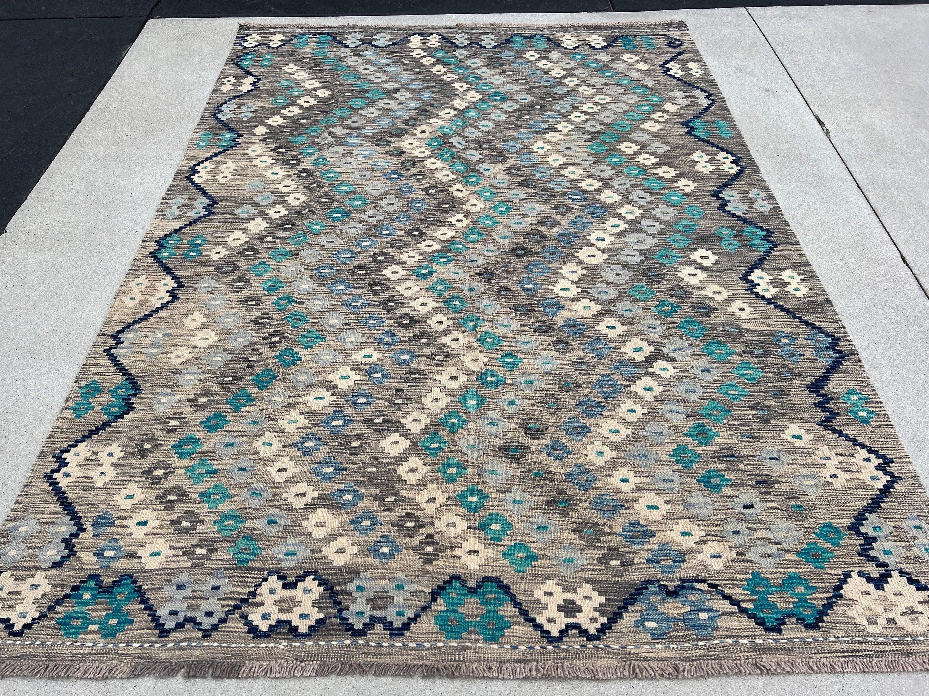 6x8 Handmade Afghan Kilim Rug | Grey Gray Midnight Navy Blue Turquoise Ivory White | Flatweave Bohemian Wool Oushak Turkish Outdoor Patio