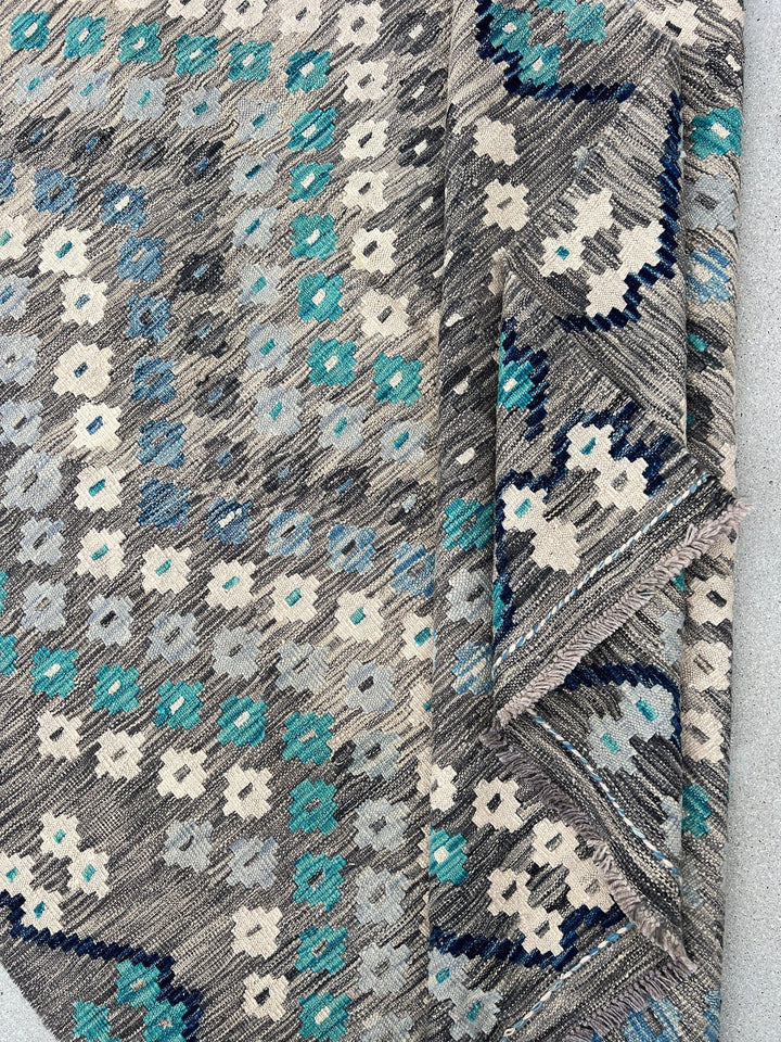 6x8 Handmade Afghan Kilim Rug | Grey Gray Midnight Navy Blue Turquoise Ivory White | Flatweave Bohemian Wool Oushak Turkish Outdoor Patio