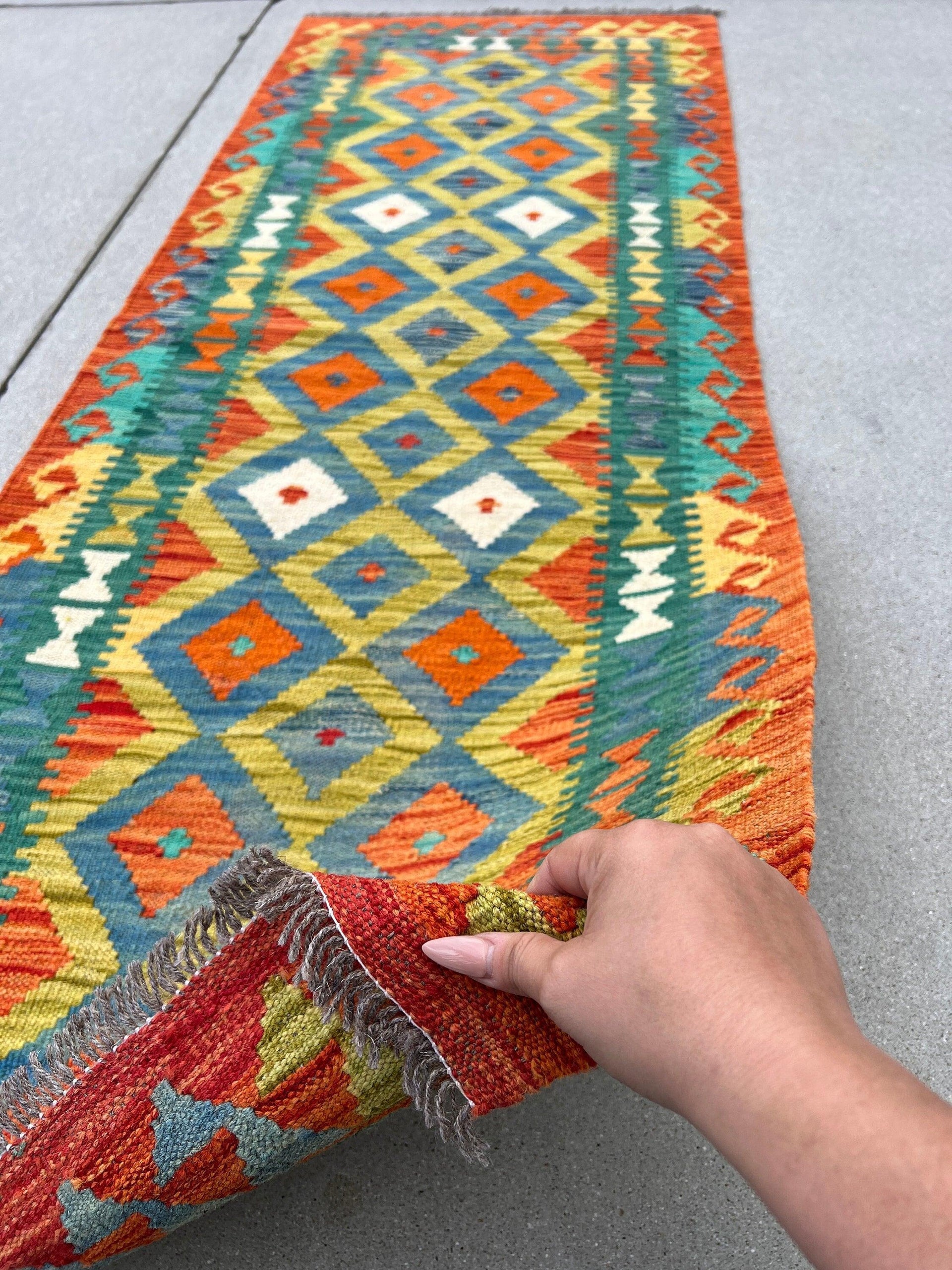 3x7 Handmade Afghan Kilim Runner Rug | Burnt Orange Blue Teal Mustard Yellow Pine Olive Green White | Flatweave Wool Tribal Outdoor