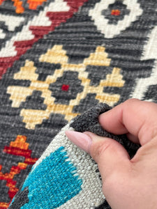 3x7 (100x200) Handmade Afghan Kilim Runner Rug | Charcoal Grey Ivory White Burnt Orange Red Blue Olive Green Mauve Brown | Flatweave Wool