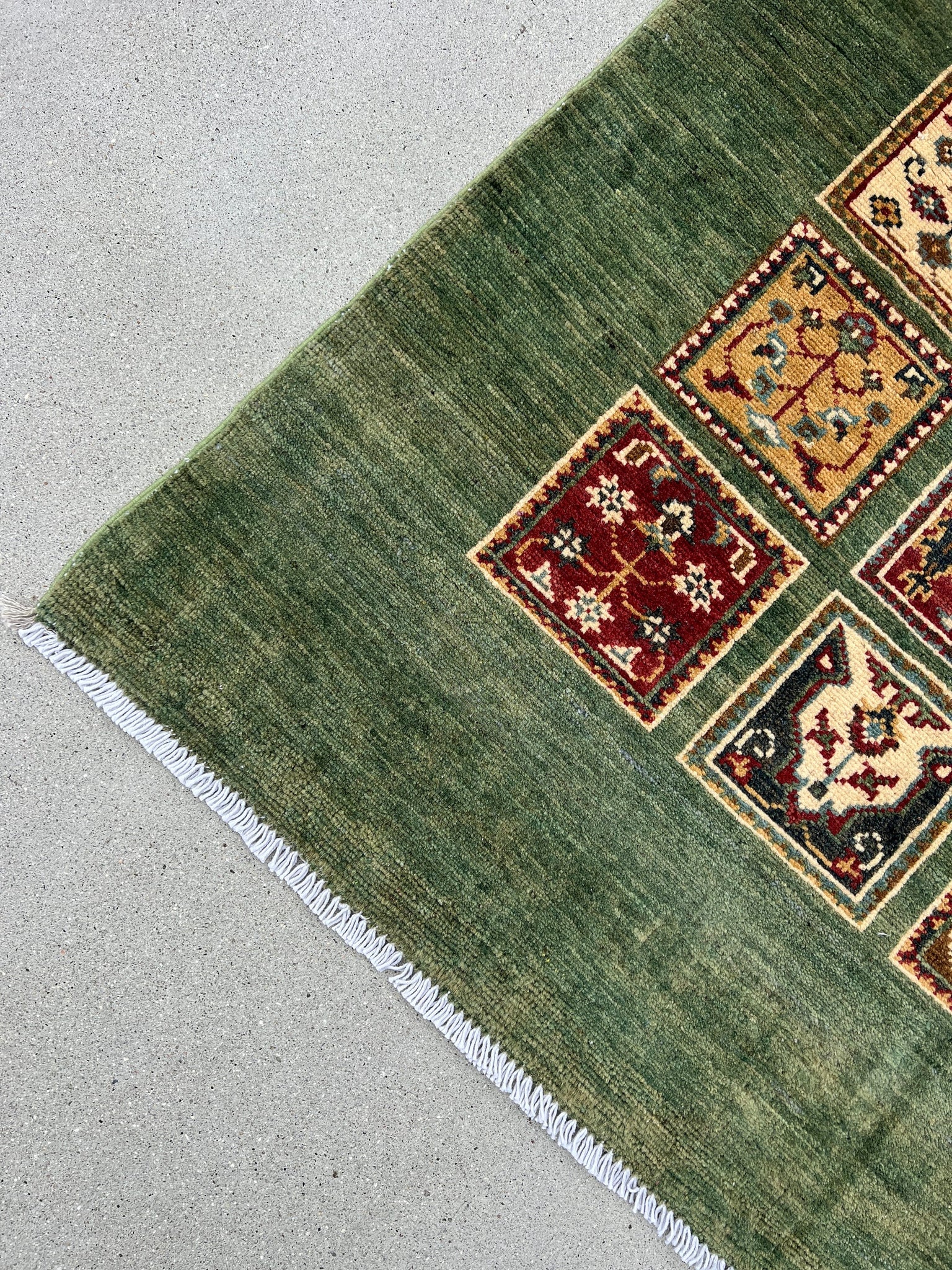 3x4 (100x180) Handmade Afghan Rug | Moss Green Maroon Red Beige Golden Brown Turquoise Denim Blue | Wool Hand Knotted Oushak Bohemian Floral