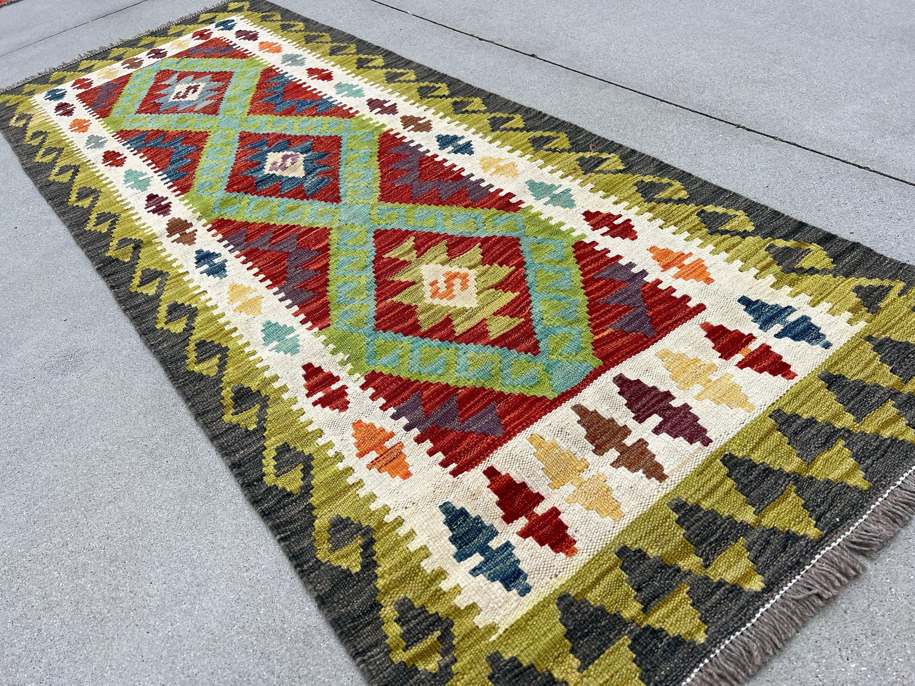 3x7 Handmade Afghan Kilim Runner Rug | Grey Olive Green White Ivory Brown Purple Eggplant Wine Red Burnt Orange Blue Turquoise Teal | Wool