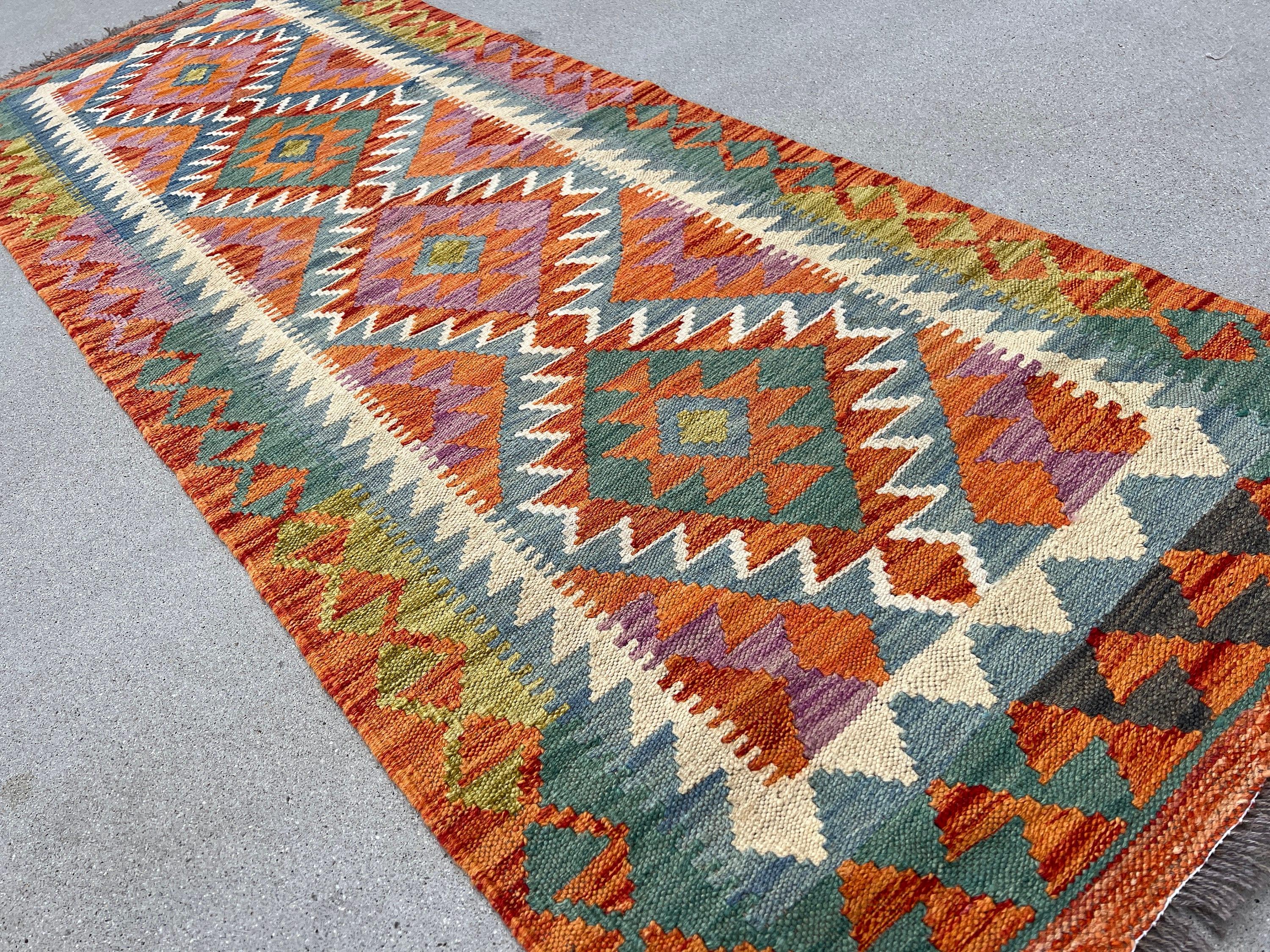 3x7 Handmade Afghan Kilim Runner Rug | Burnt Orange Teal Blue Purple Olive Green Ivory White Cream | Flatweave Flat Woven Wool Outdoor