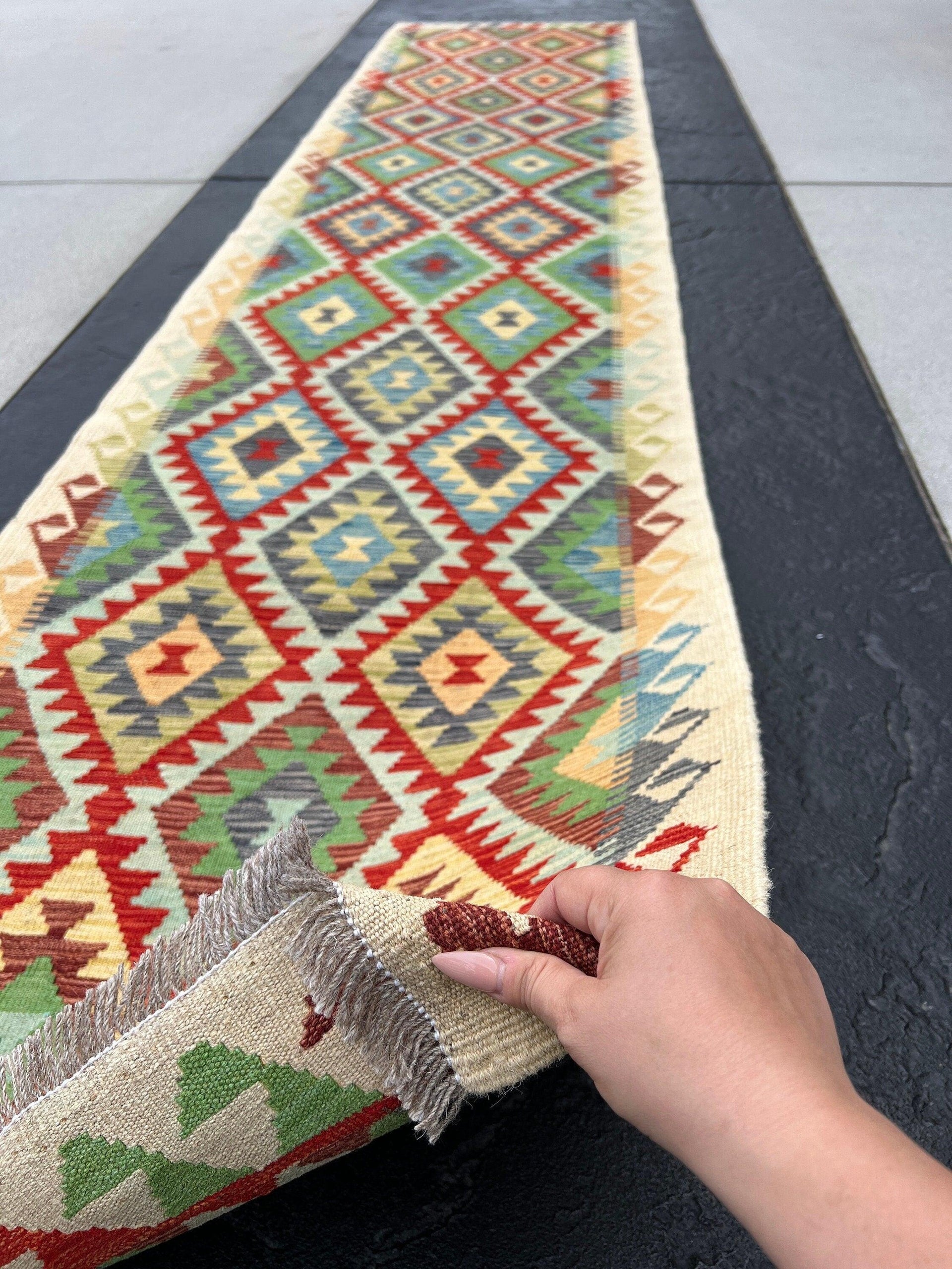 3x13 Handmade Afghan Kilim Runner Rug | Beige Cream Red Chocolate Brown Yellow Coral Orange Lime Green Blue | Flatweave Flat Woven Outdoor