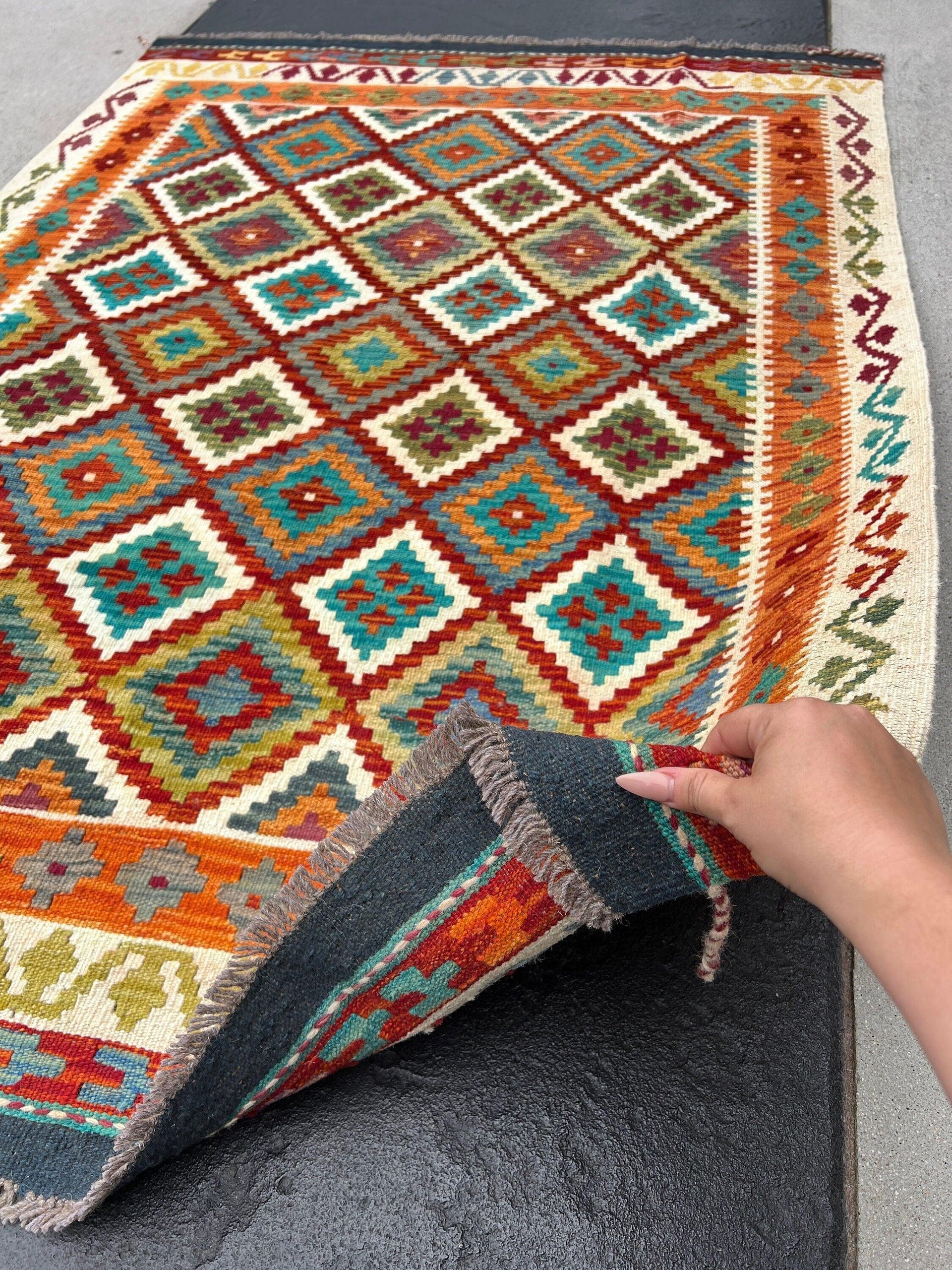 5x6 Handmade Afghan Kilim Rug | Ivory Cream Burnt Orange Turquoise Olive Green Pink Purple Blue | Flatweave Flat Woven Wool Persian Outdoor