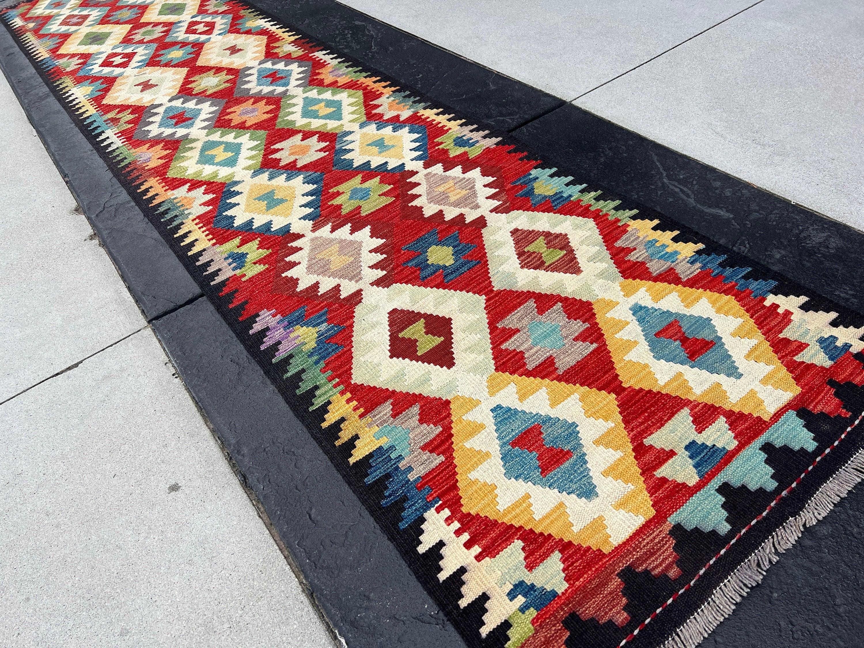 3x13 Handmade Afghan Kilim Runner Rug | Cherry Garnet Red Black Mustard Yellow Blue Light Green Ivory Cream Light Brown Mauve | Flatweave